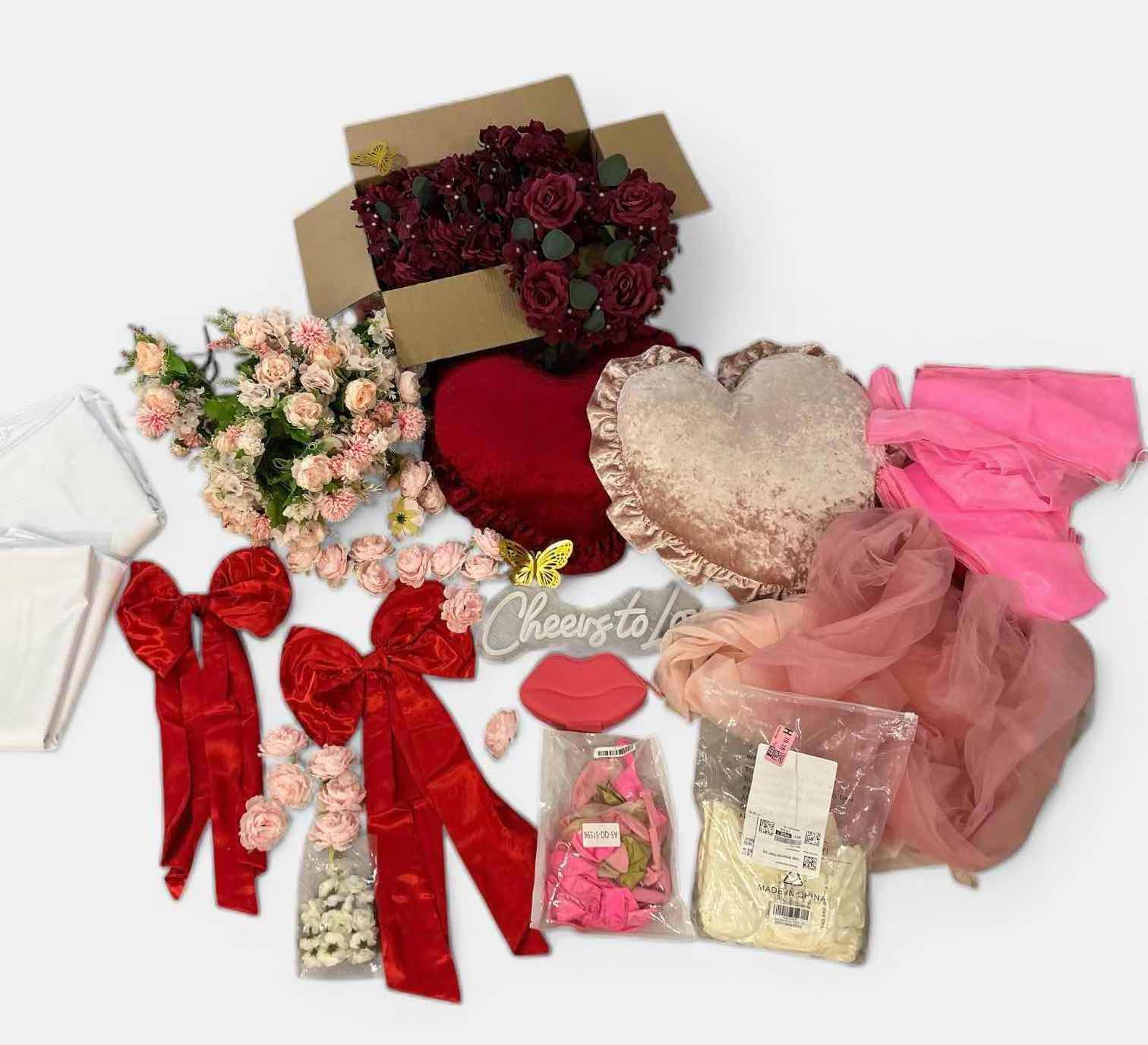 Photo 1 of PINK AND RED  PARTY DECORATIONS, 2 NEW LONG RECTANGLE WHITE TABLECLOTH, LIGHT UP LOVE SIGN, BOWS, BALLOONS, CHAIR COVERD, CHAIR SASHES, FLORAL AND MORE