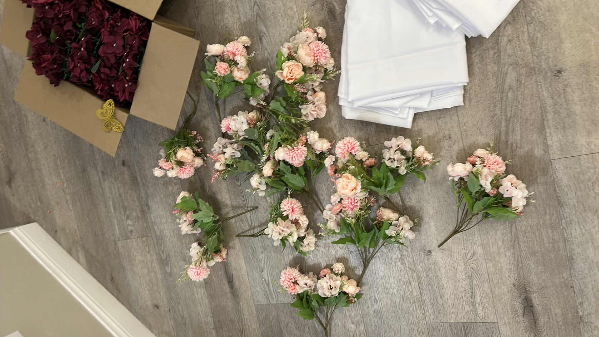 Photo 1 of PINK AND RED  PARTY DECORATIONS, 2 NEW LONG RECTANGLE WHITE TABLECLOTH, LIGHT UP LOVE SIGN, BOWS, BALLOONS, CHAIR COVERD, CHAIR SASHES, FLORAL AND MORE