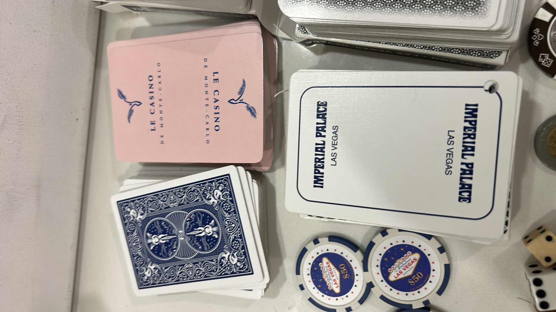Photo 1 of 6 DECKS PLAYING CARDS, DICE, 6 $50 REPLICA CHIPS AND 1 REAL CHIPS AND TOKENS