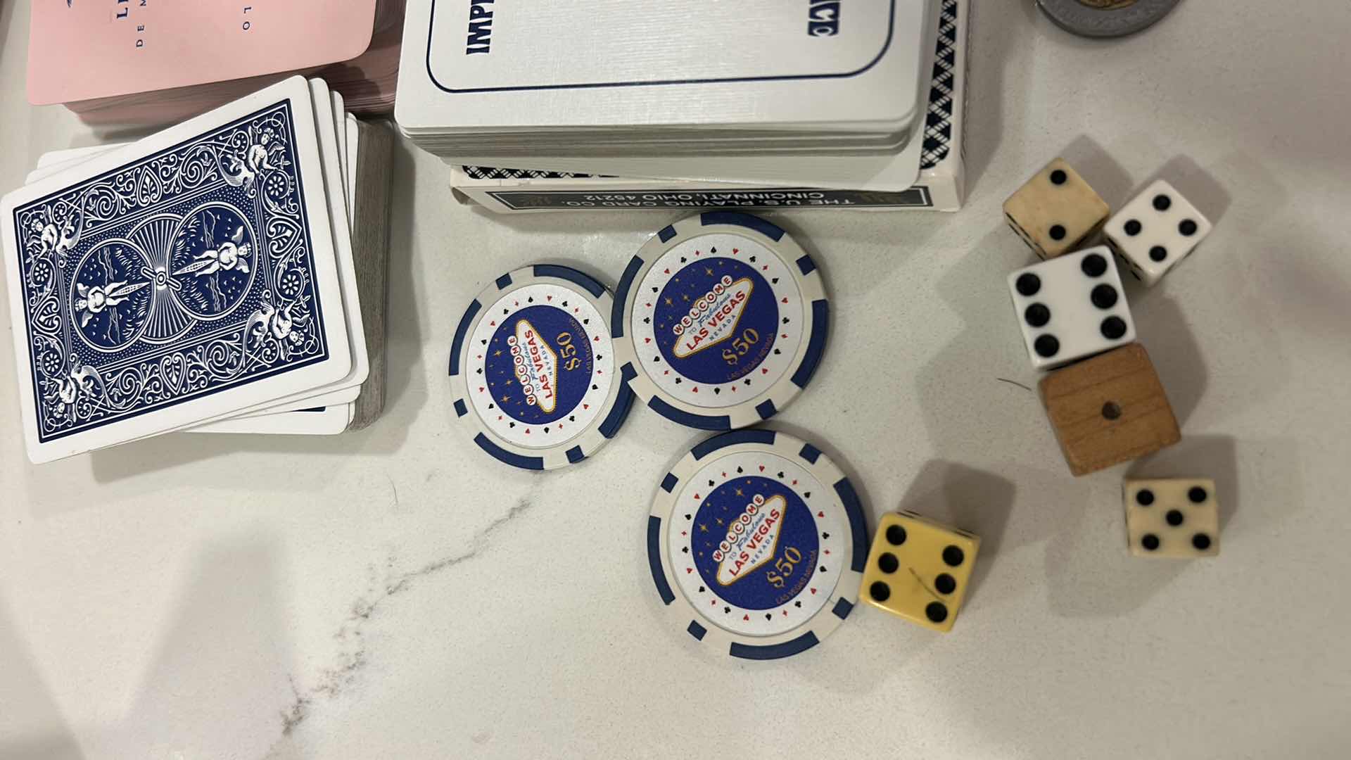 Photo 1 of 6 DECKS PLAYING CARDS, DICE, 6 $50 REPLICA CHIPS AND 1 REAL CHIPS AND TOKENS