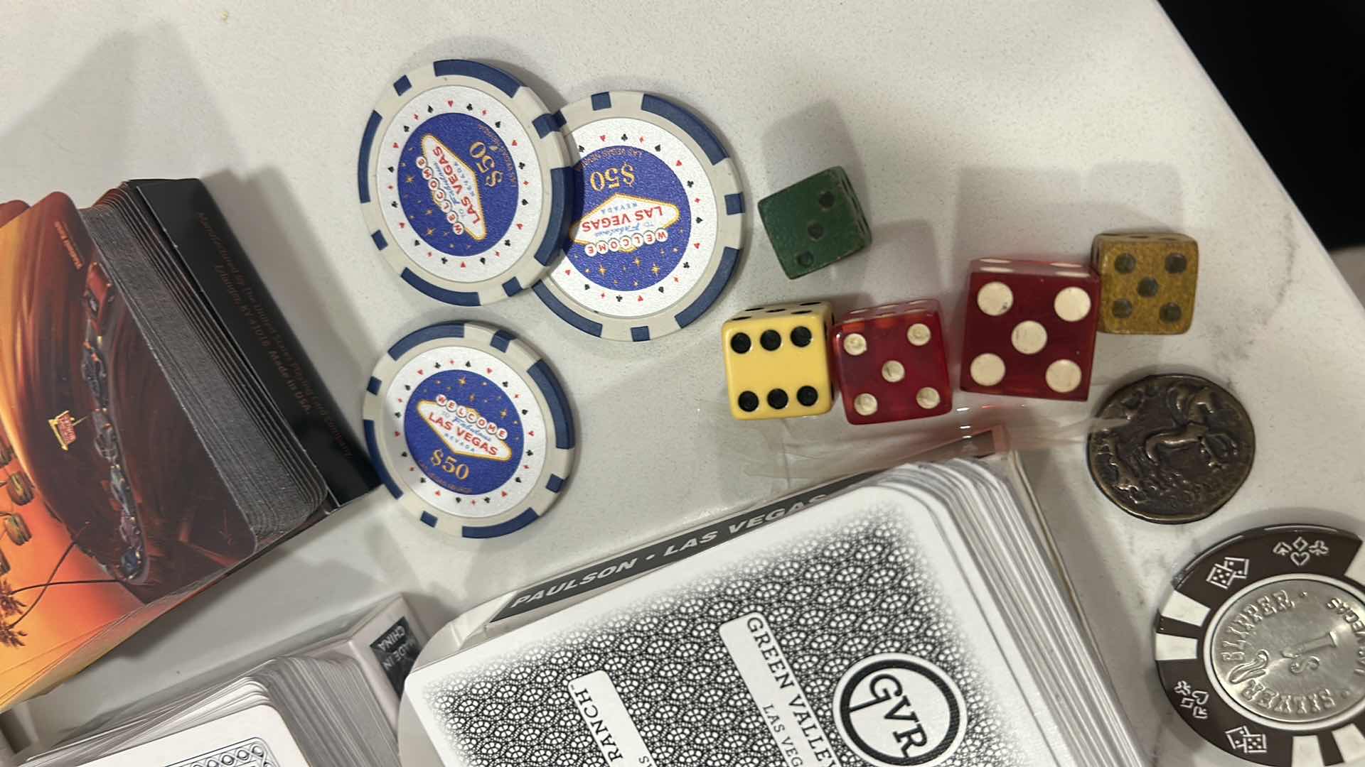 Photo 1 of 6 DECKS PLAYING CARDS, DICE, 6 $50 REPLICA CHIPS AND 1 REAL CHIPS AND TOKENS