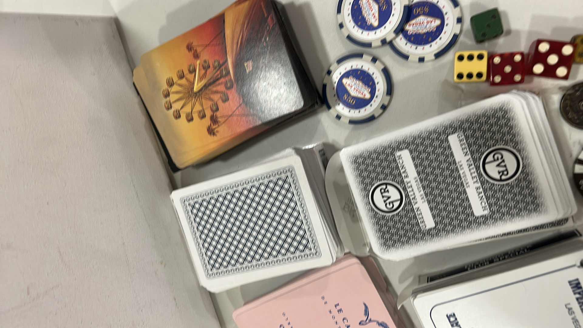 Photo 1 of 6 DECKS PLAYING CARDS, DICE, 6 $50 REPLICA CHIPS AND 1 REAL CHIPS AND TOKENS