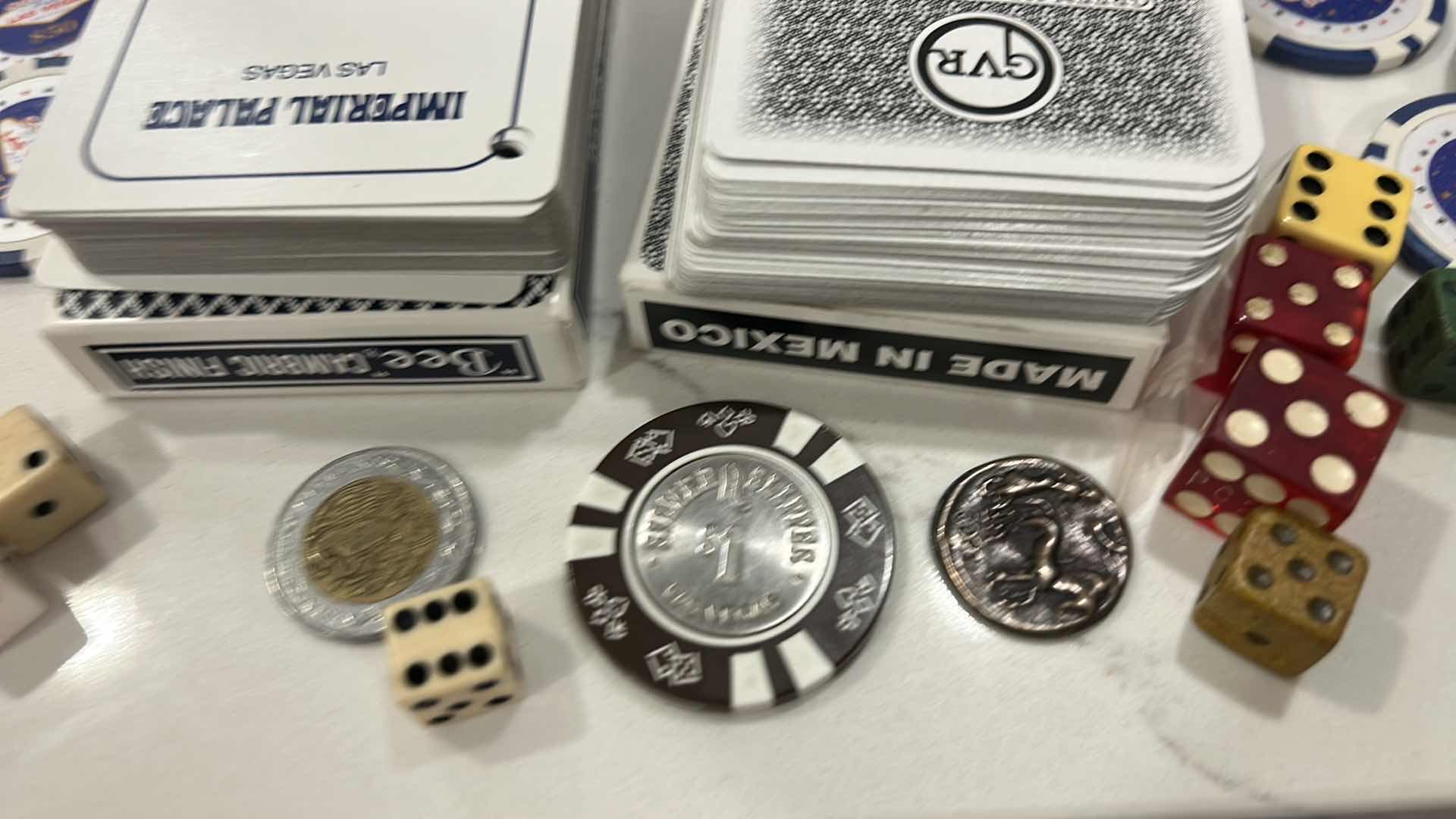 Photo 1 of 6 DECKS PLAYING CARDS, DICE, 6 $50 REPLICA CHIPS AND 1 REAL CHIPS AND TOKENS