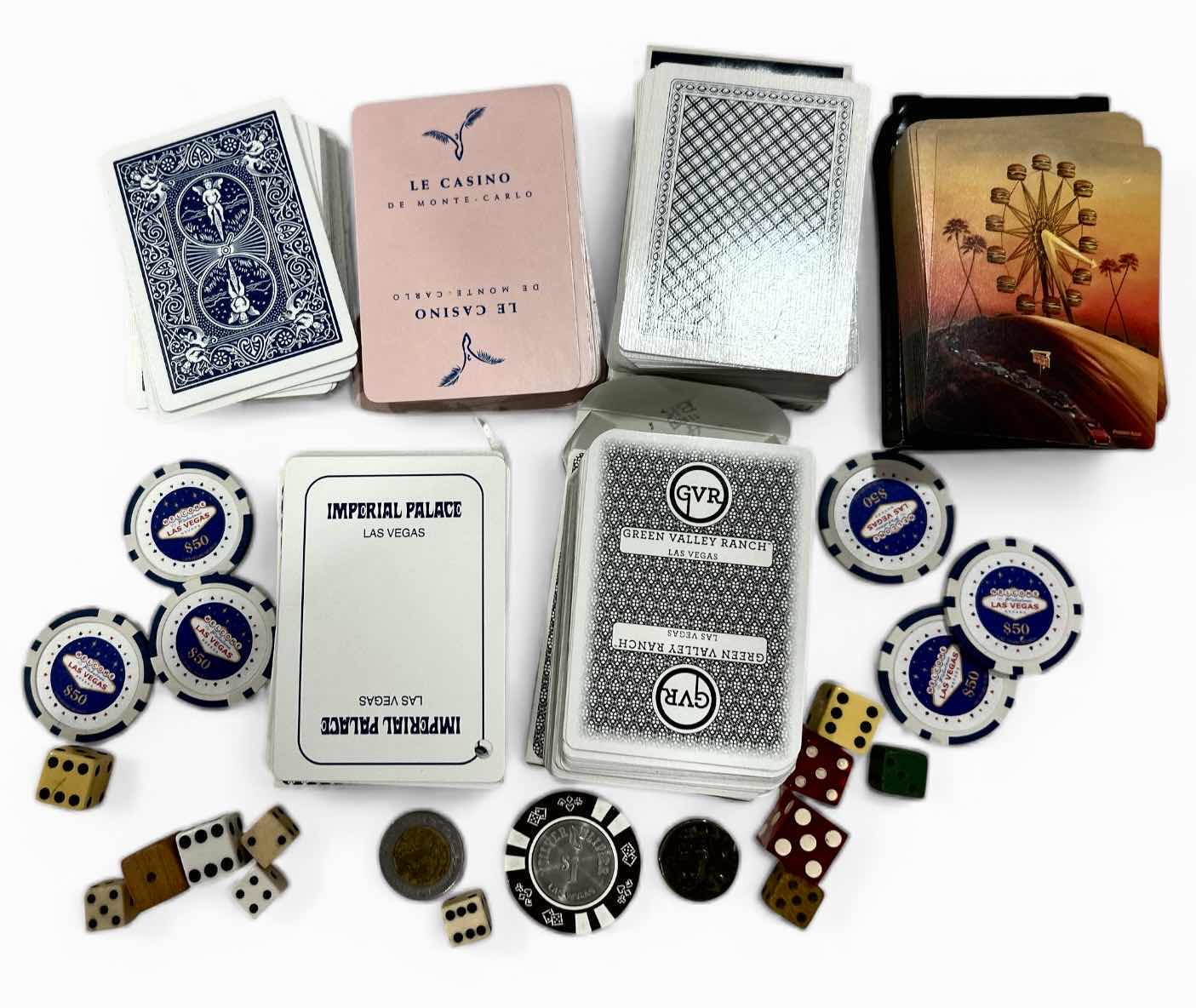 Photo 1 of 6 DECKS PLAYING CARDS, DICE, 6 $50 REPLICA CHIPS AND 1 REAL CHIPS AND TOKENS