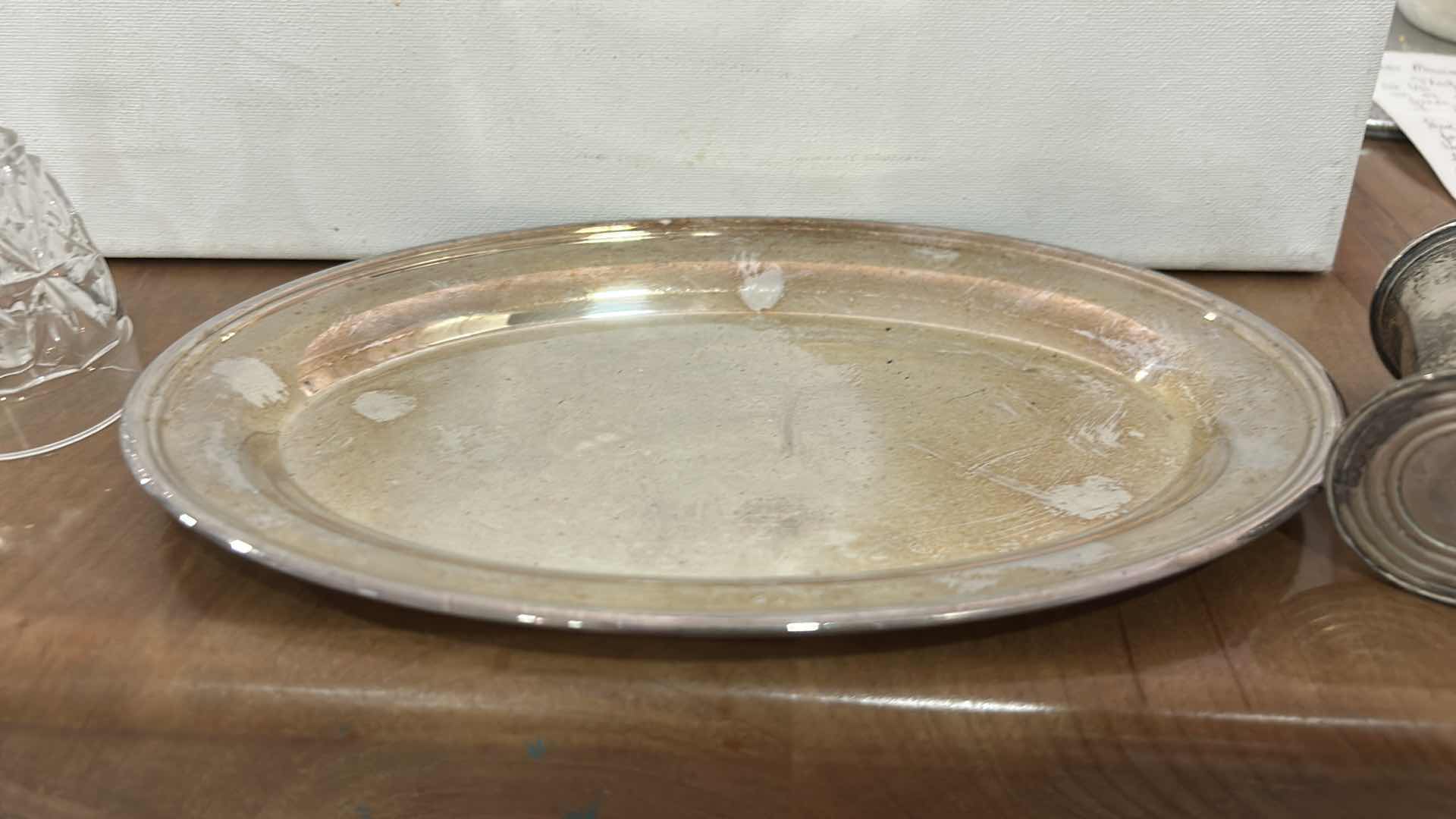 Photo 1 of VINTAGE SILVER PLATED SALT AND PEPPER SHAKERS, TRAY & 3 CRYSTAL BELLS