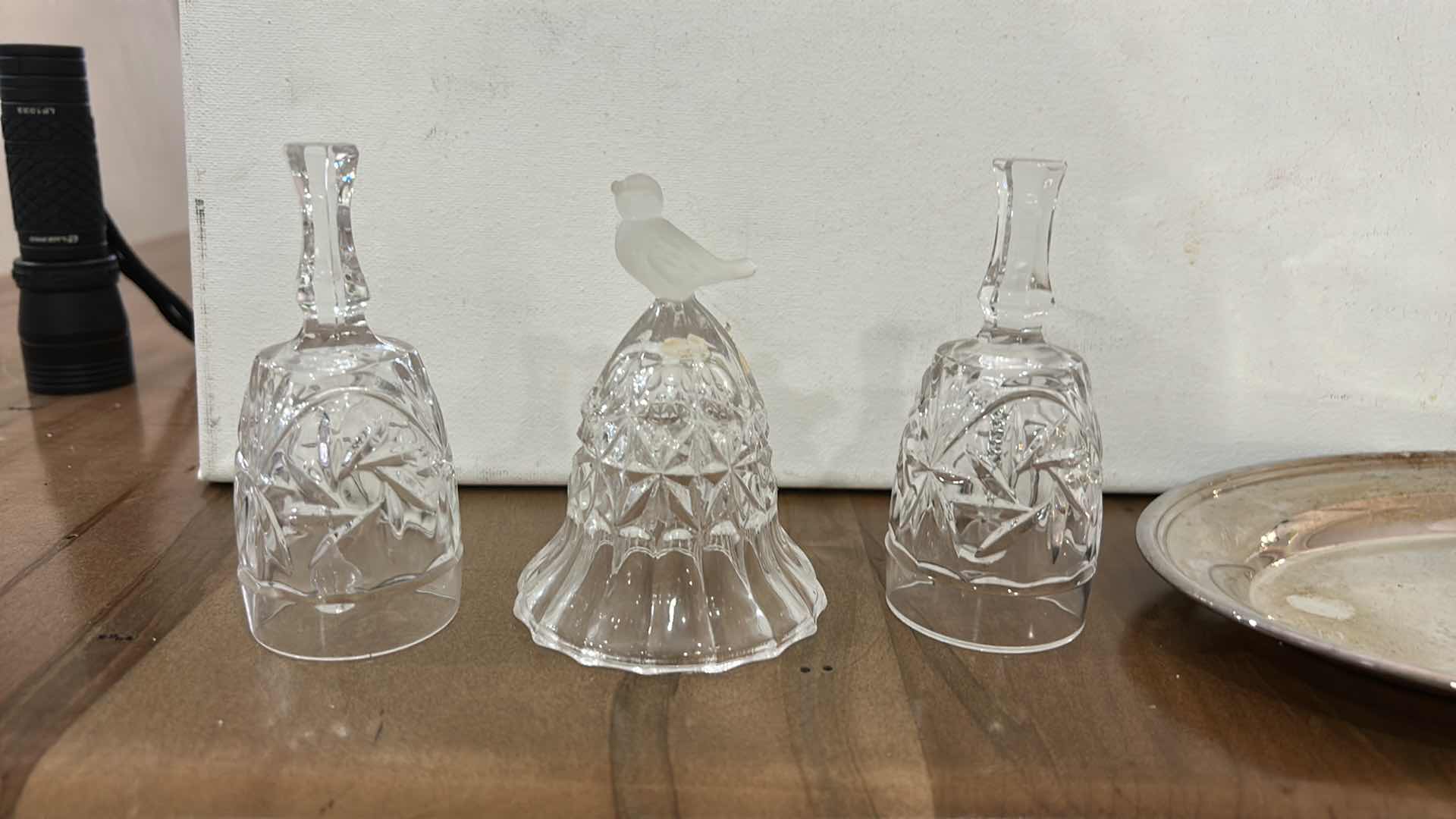 Photo 1 of VINTAGE SILVER PLATED SALT AND PEPPER SHAKERS, TRAY & 3 CRYSTAL BELLS