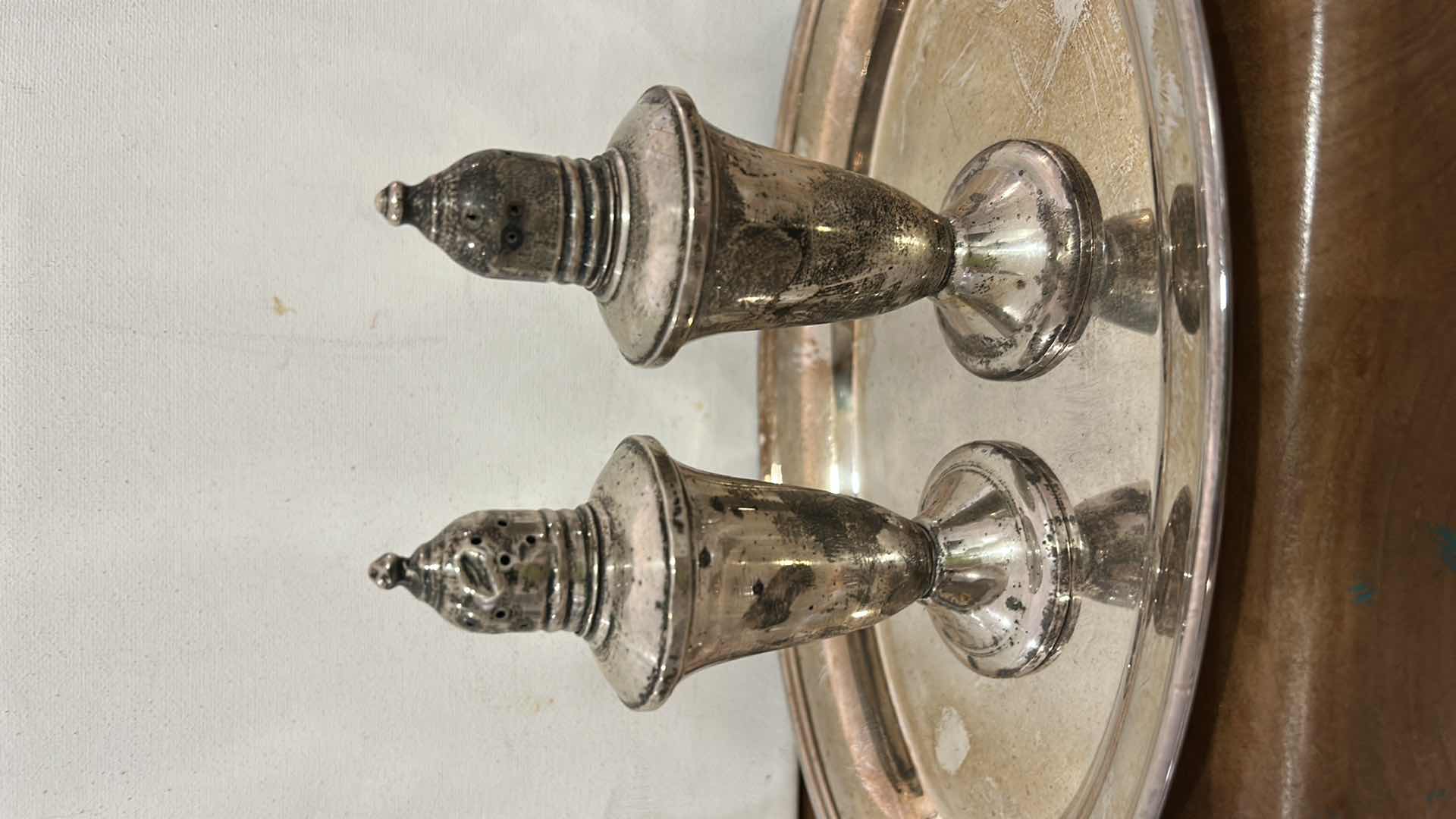 Photo 1 of VINTAGE SILVER PLATED SALT AND PEPPER SHAKERS, TRAY & 3 CRYSTAL BELLS