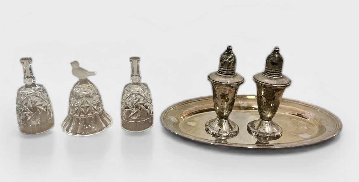 Photo 1 of VINTAGE SILVER PLATED SALT AND PEPPER SHAKERS, TRAY & 3 CRYSTAL BELLS