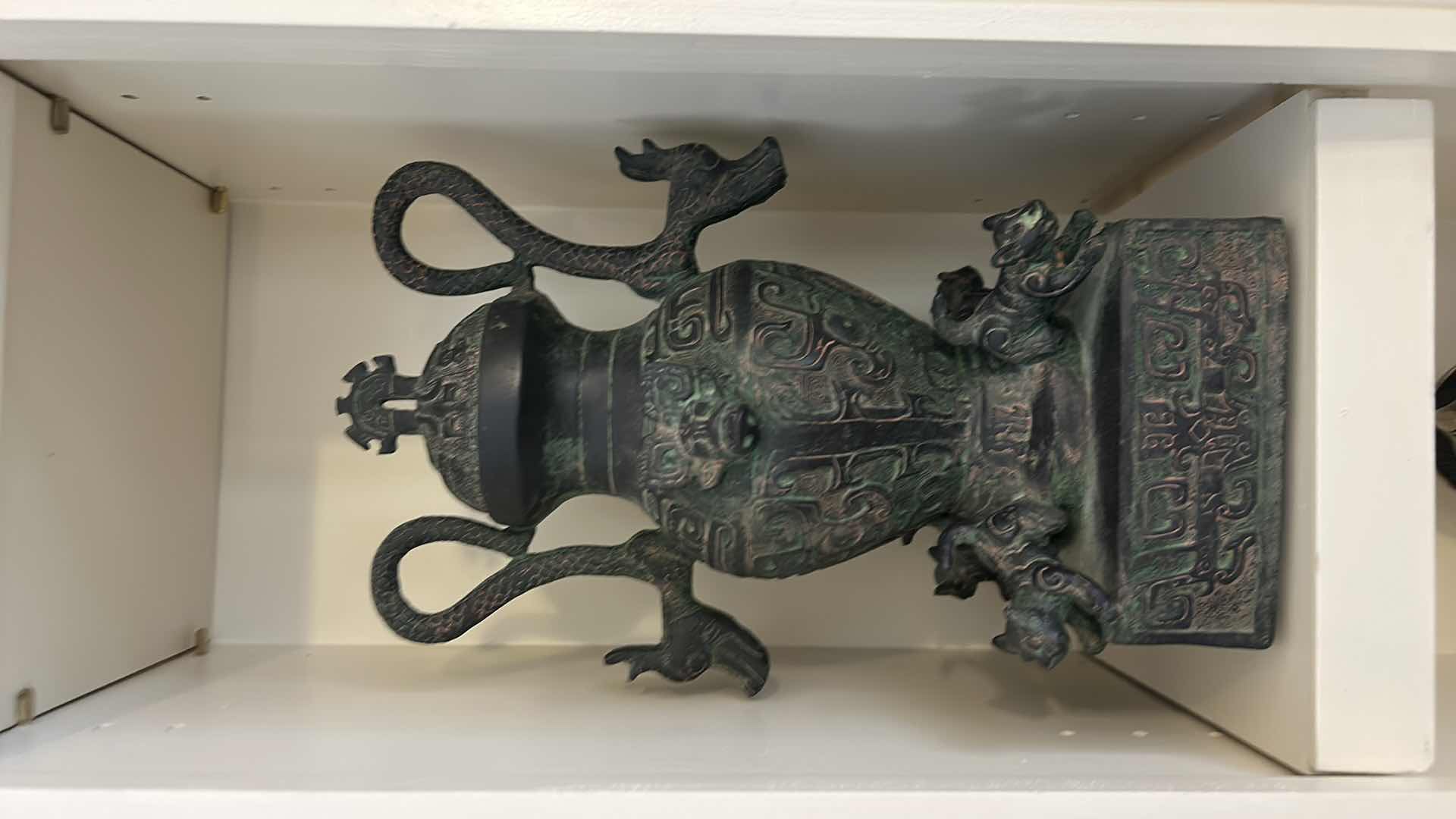 Photo 1 of CERAMIC ANTIQUE-STYLE CHINESE  VESSEL, SIMILAR IN DESIGN TO A LEI OR HU WINE CONTAINER. THESE VESSELS OFTEN FEATURE ZOOMORPHIC MASKS (TAOTIE), DRAGON-SHAPED HANDLES, AND A GREENISH PATINA. H12”