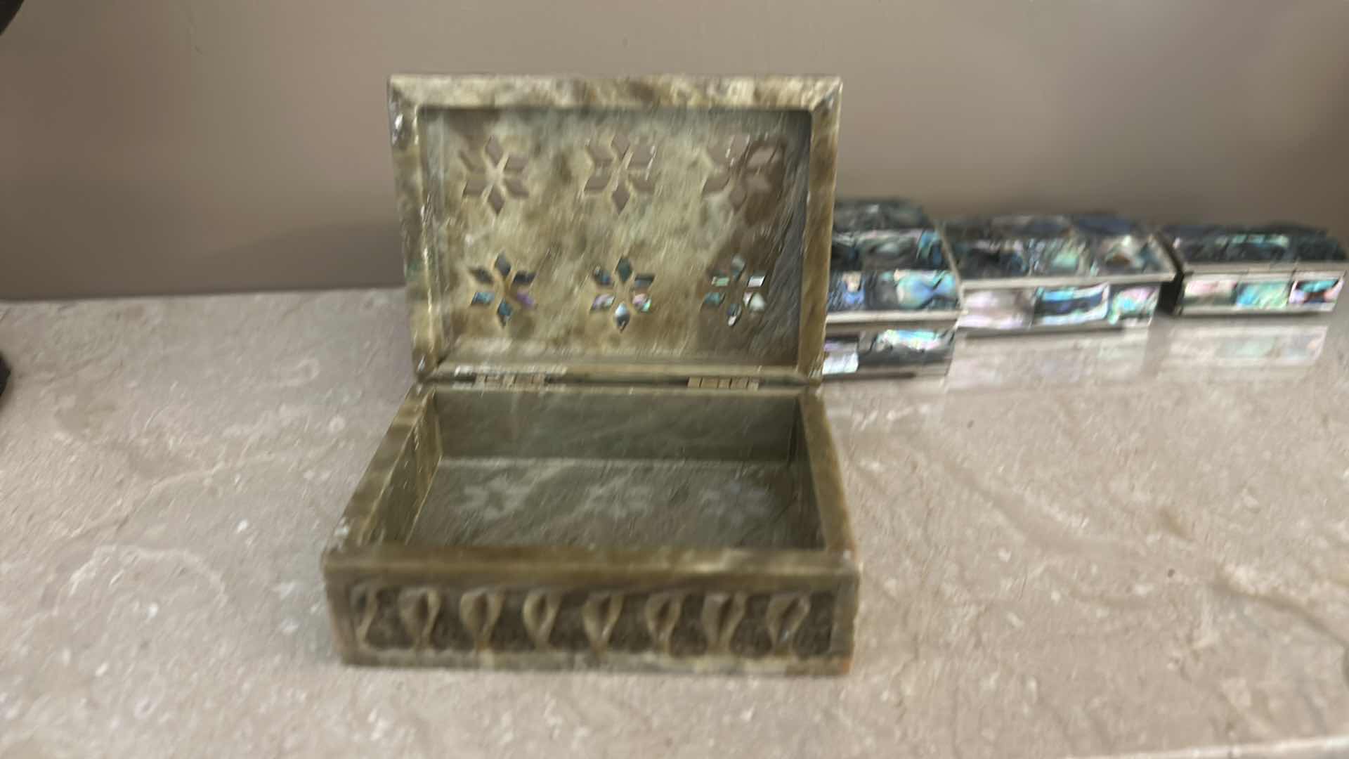 Photo 1 of 4 TRINKET BOXES, HANDCRAFTED FROM ABALONE SHELL TILES INLAID IN ALPACA SILVER. AND 1 INLAID SOAPSTONE BOX