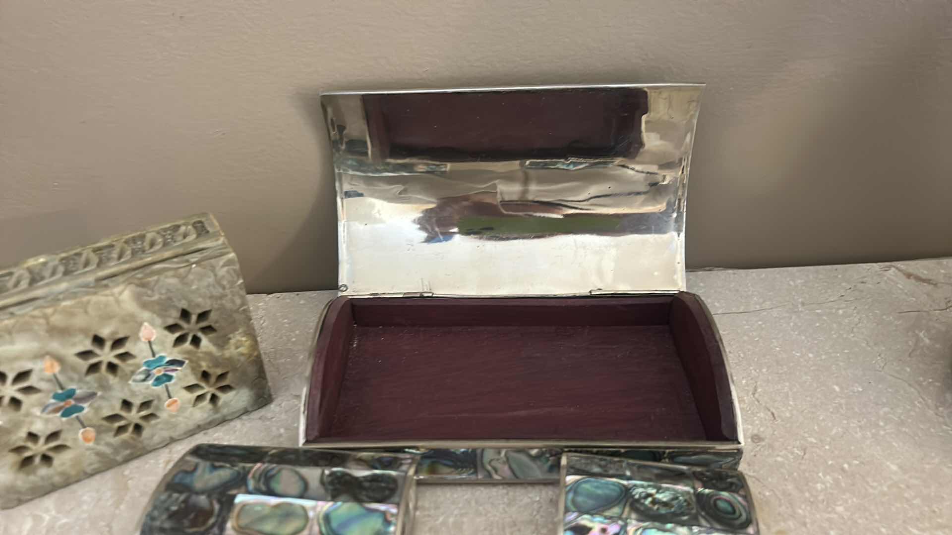 Photo 1 of 4 TRINKET BOXES, HANDCRAFTED FROM ABALONE SHELL TILES INLAID IN ALPACA SILVER. AND 1 INLAID SOAPSTONE BOX