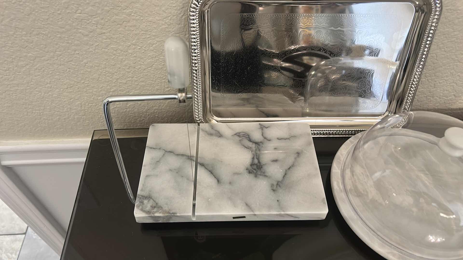 Photo 1 of CHEESE SLICER, COVERED CHEESE PLATTER AND TRAY.