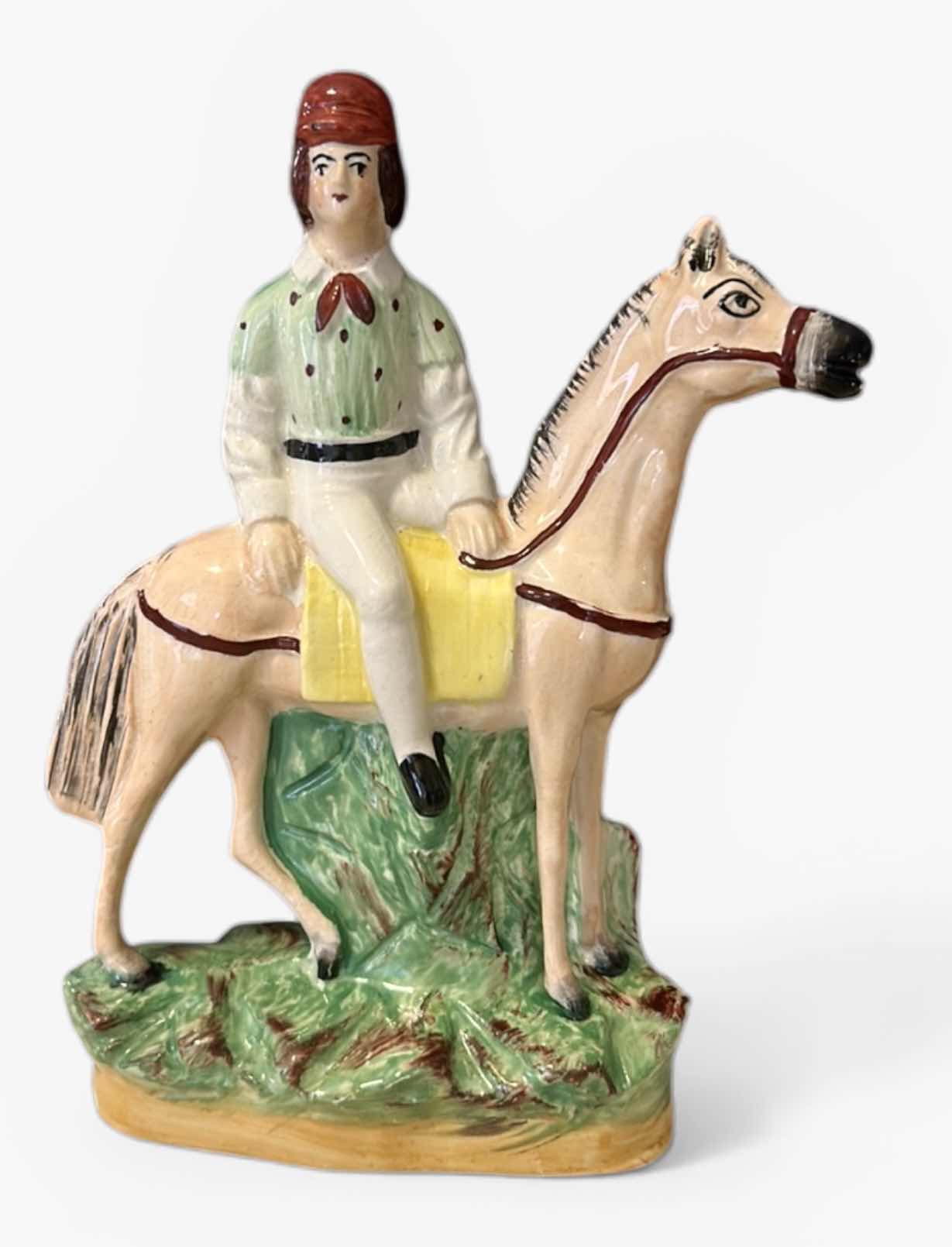 Photo 1 of ANTIQUE STAFFORDSHIRE WARE ENGLAND FIGURINE — RIDING A HORSE H8”