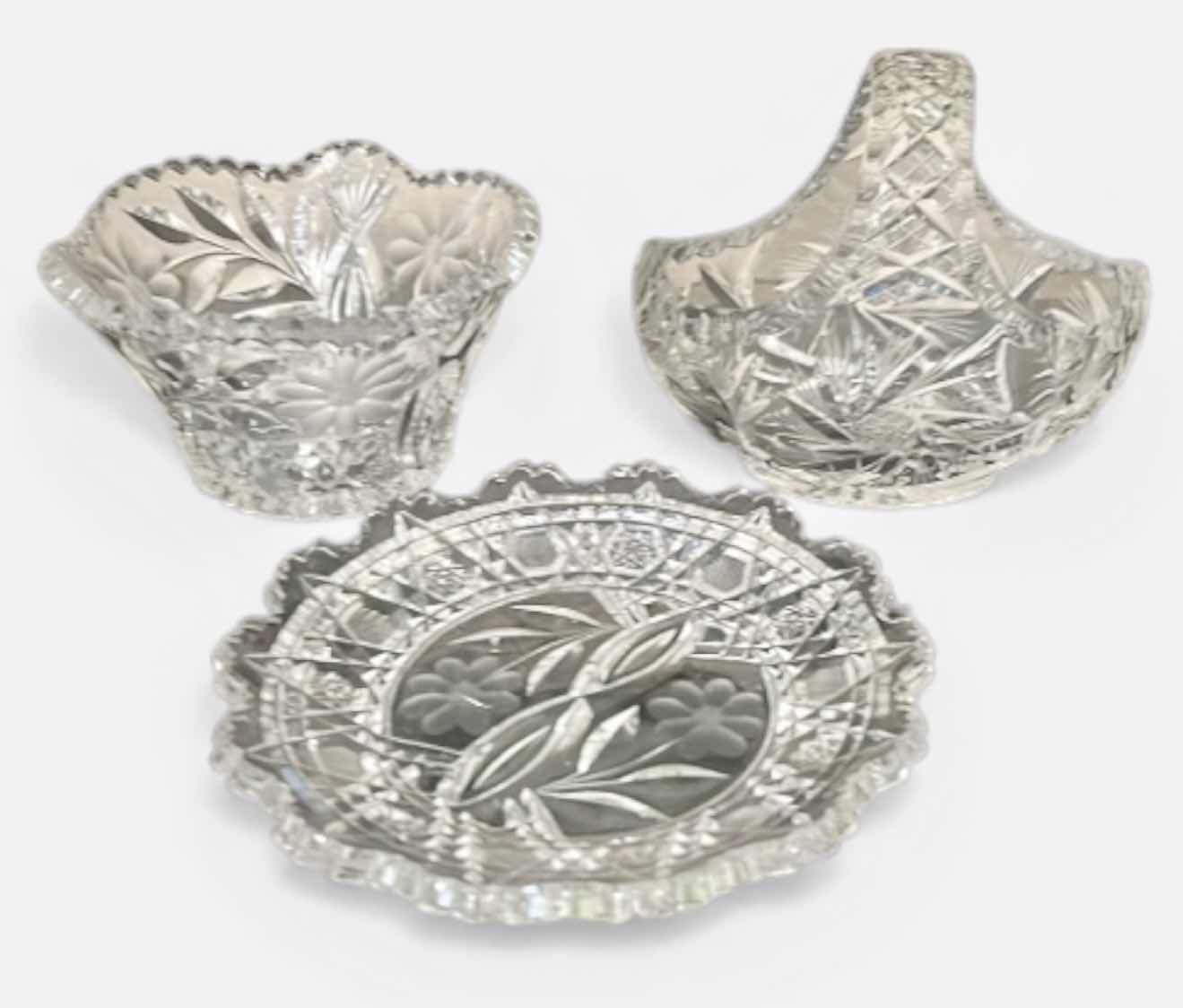 Photo 1 of 3 PC VINTAGE CUT CRYSTAL PIECES (BASKET H6”)