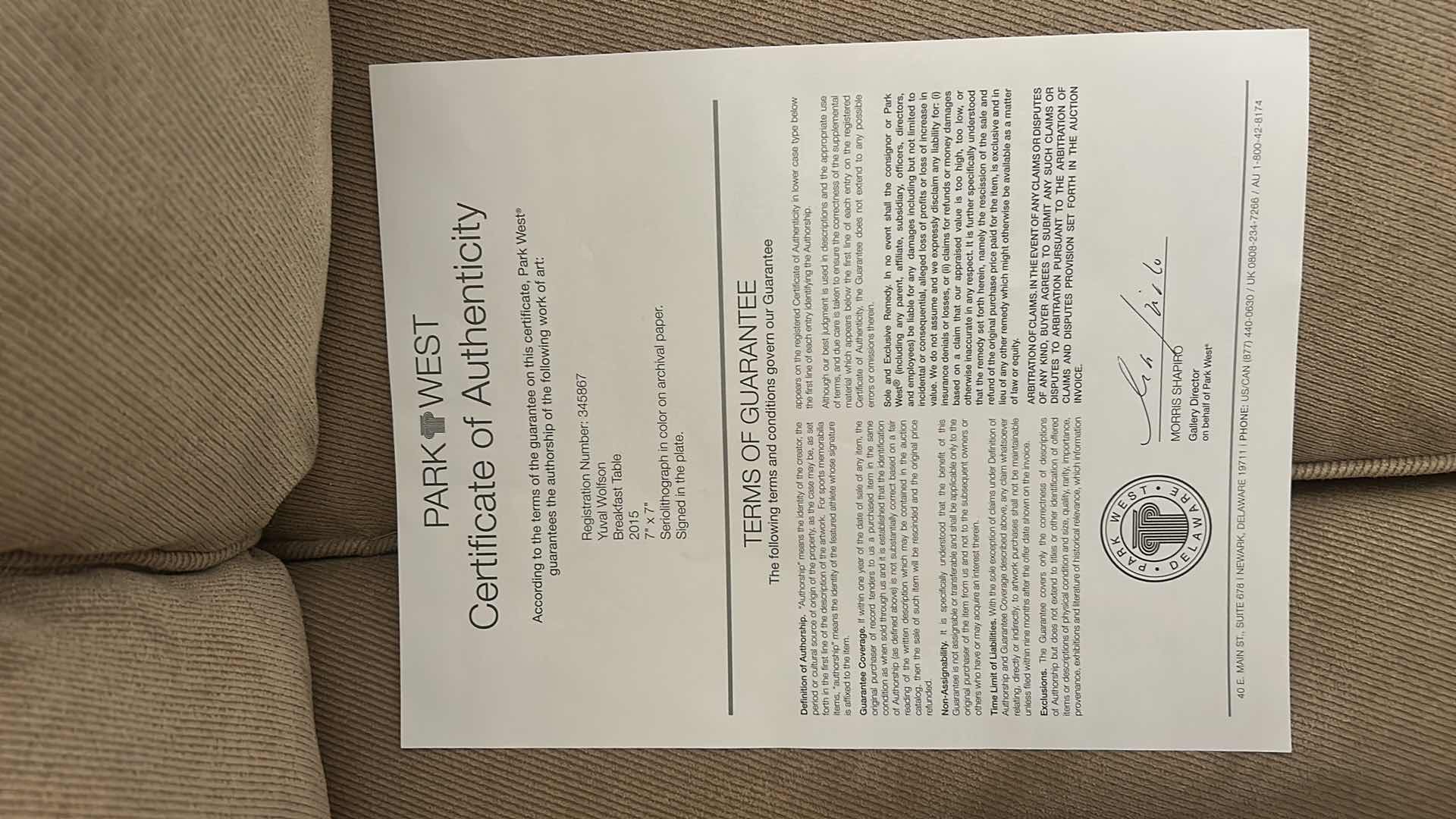 Photo 1 of FRAMED ARTWORK, SERIOLITHOGRAPH PRINT TITLED “BREAKFAST TABLE” BY ARTIST YUVAL WOLFSON. ARTWORK WITH COA