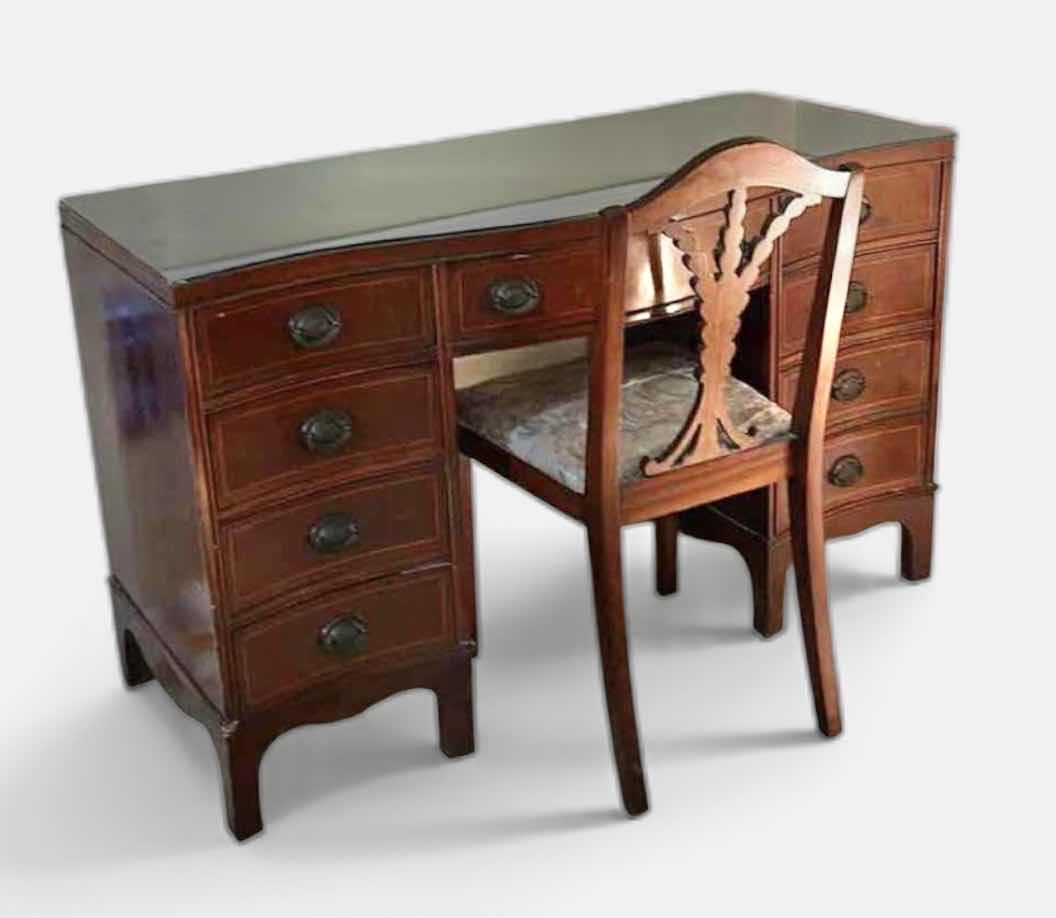 Photo 1 of 1940S MAHOGANY VANITY OR DESK FEATURING AN INLAID DESIGN ON THE FRONT AND A MATCHING CHAIR. 49” x 21” x H30 1/2”