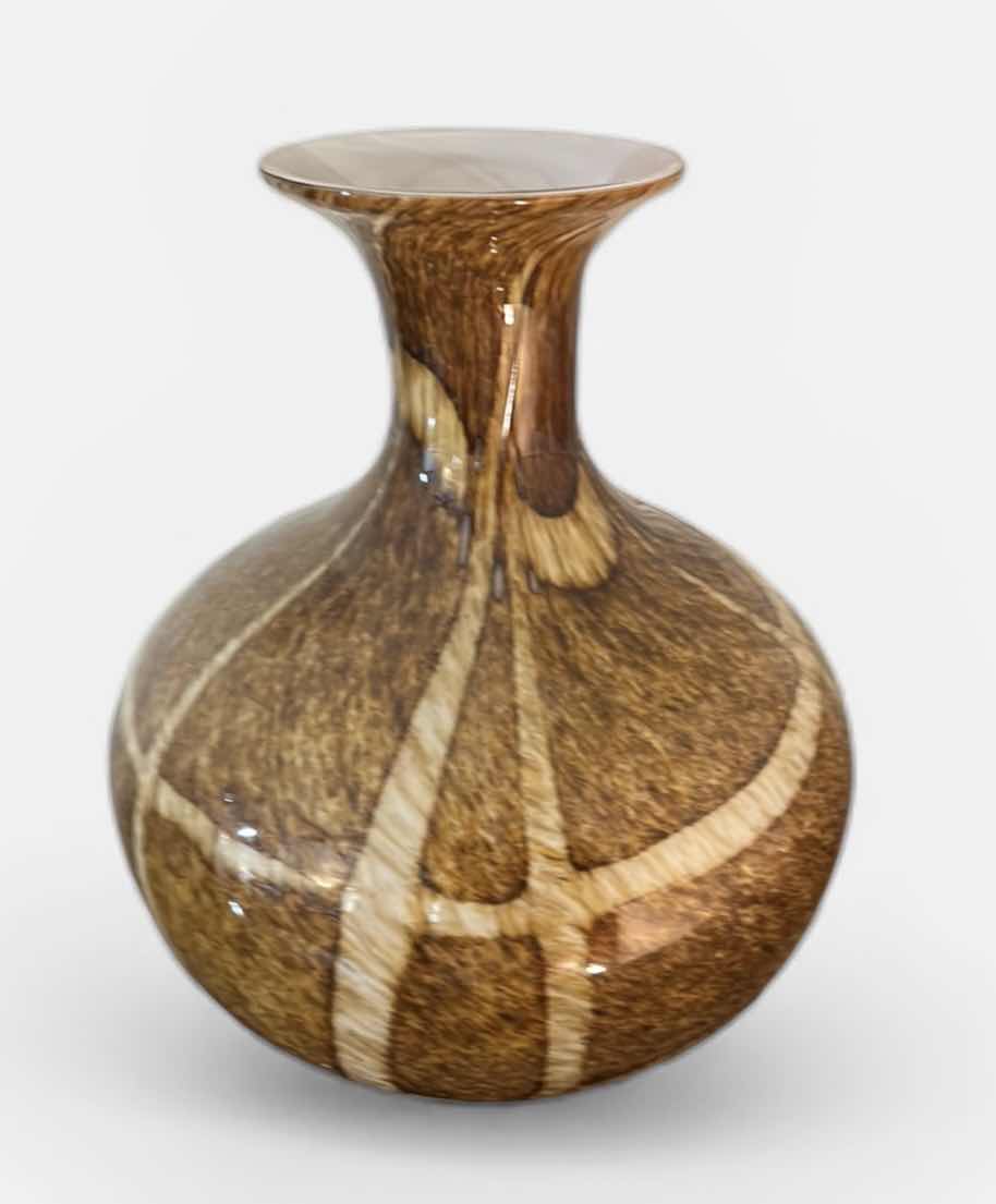 Photo 1 of DECORATIVE HAND-BLOWN ART GLASS VASE FEATURING A BROWN AND WHITE SWIRLED, SPECKLED PATTERN WITH A WIDE MOUTH. H12”