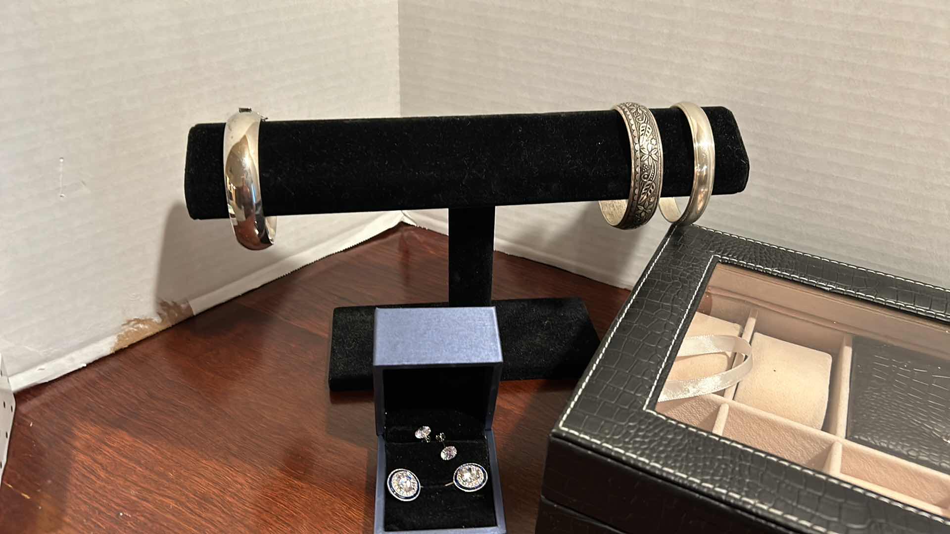 Photo 1 of BLACK JEWELRY BOX, FELT BRACELET STAND & EARRINGS
