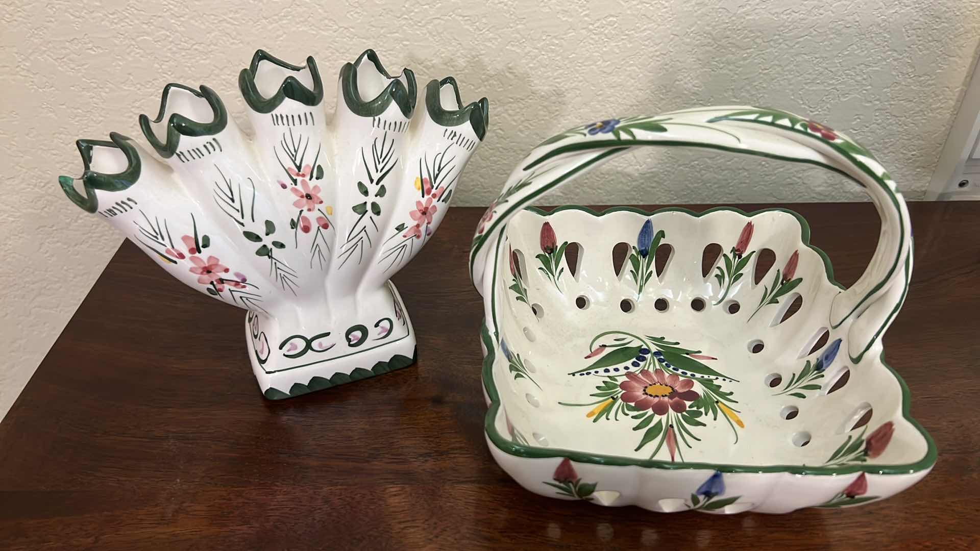 Photo 1 of 2-PORCELAIN HAND PAINTED FLORAL BASKET & VASE RCCL MADE IN PORTUGAL