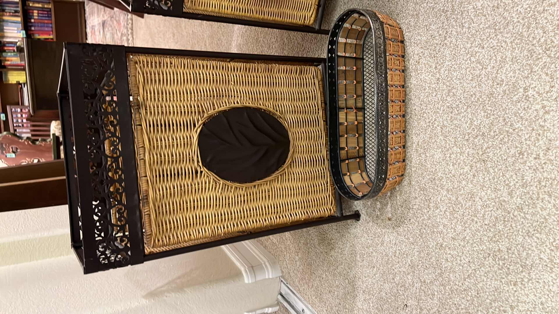 Photo 1 of 2-RATTAN W BROWN METAL BINS/HAMPERS, RATTAN BASKET (TALLEST BIN 19" x 13")