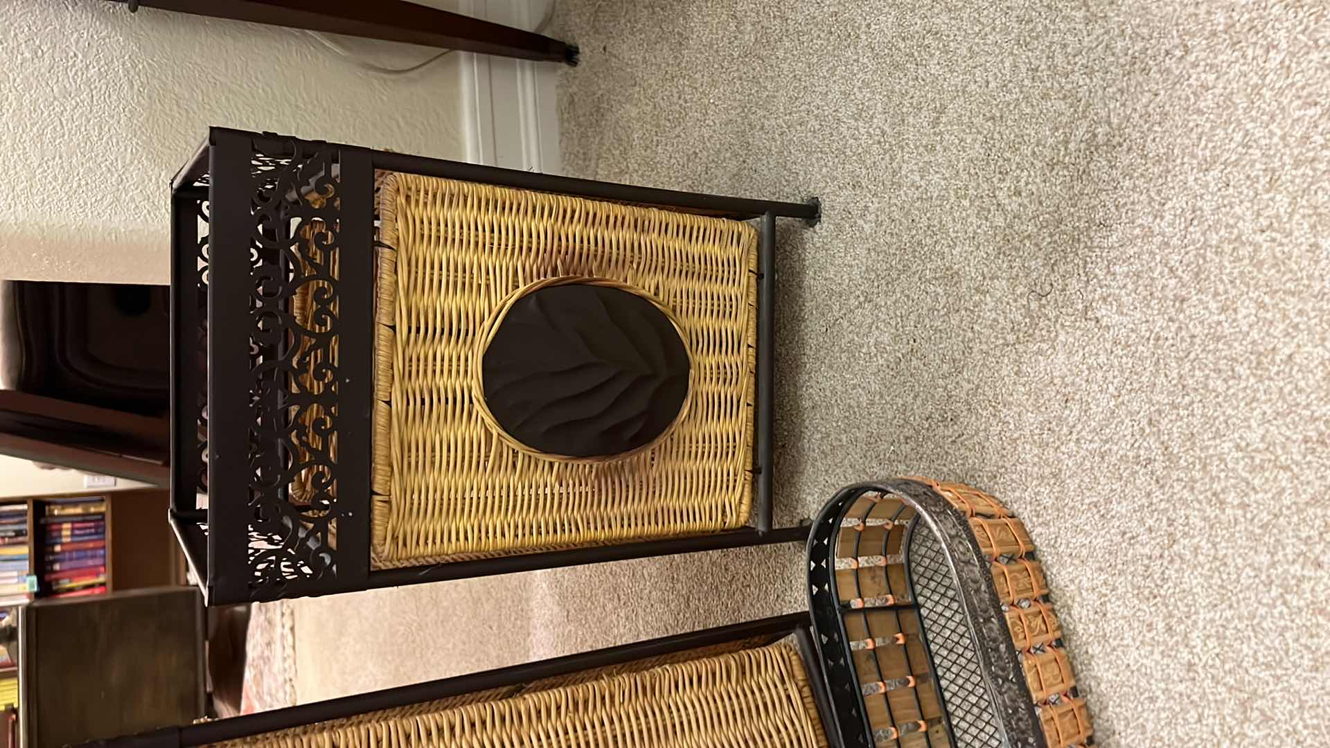Photo 1 of 2-RATTAN W BROWN METAL BINS/HAMPERS, RATTAN BASKET (TALLEST BIN 19" x 13")