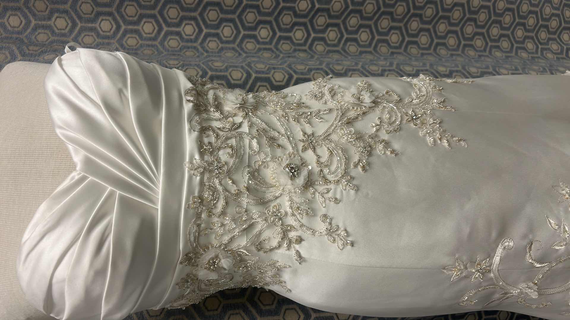 Photo 1 of BRIDAL GOWN “CASABLANCA”  WHITE WEDDING DRESS, RUCHED SWEETHEART BODICE, INTRICATE SILVER EMBROIDERY AT WAIST AND HIPS, SLEEK A-LINE SKIRT SIZE 12