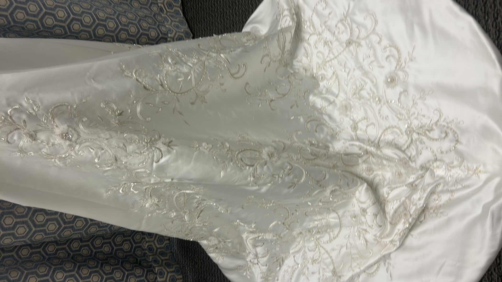 Photo 1 of BRIDAL GOWN “CASABLANCA”  WHITE WEDDING DRESS, RUCHED SWEETHEART BODICE, INTRICATE SILVER EMBROIDERY AT WAIST AND HIPS, SLEEK A-LINE SKIRT SIZE 12