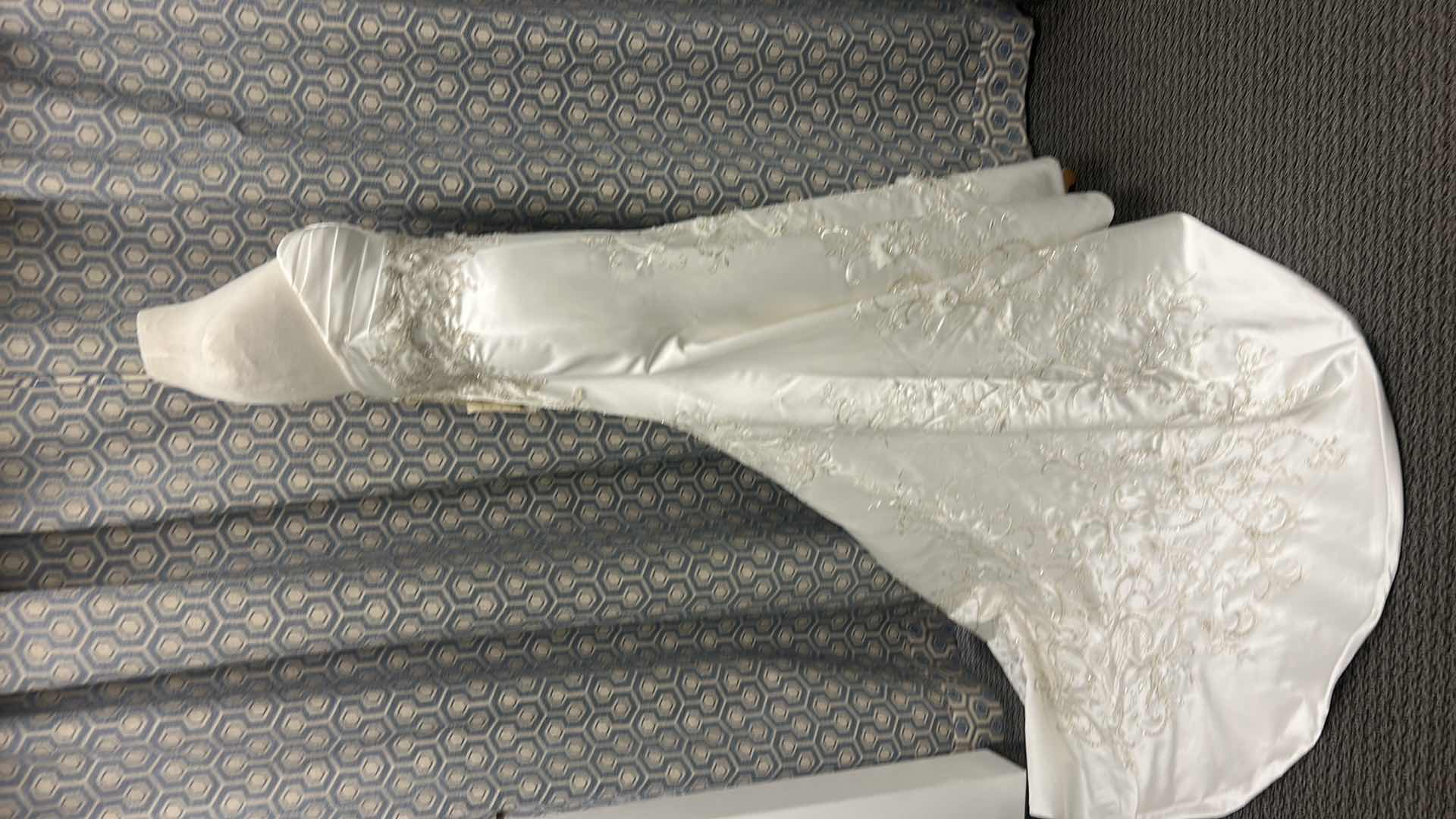 Photo 1 of BRIDAL GOWN “CASABLANCA”  WHITE WEDDING DRESS, RUCHED SWEETHEART BODICE, INTRICATE SILVER EMBROIDERY AT WAIST AND HIPS, SLEEK A-LINE SKIRT SIZE 12