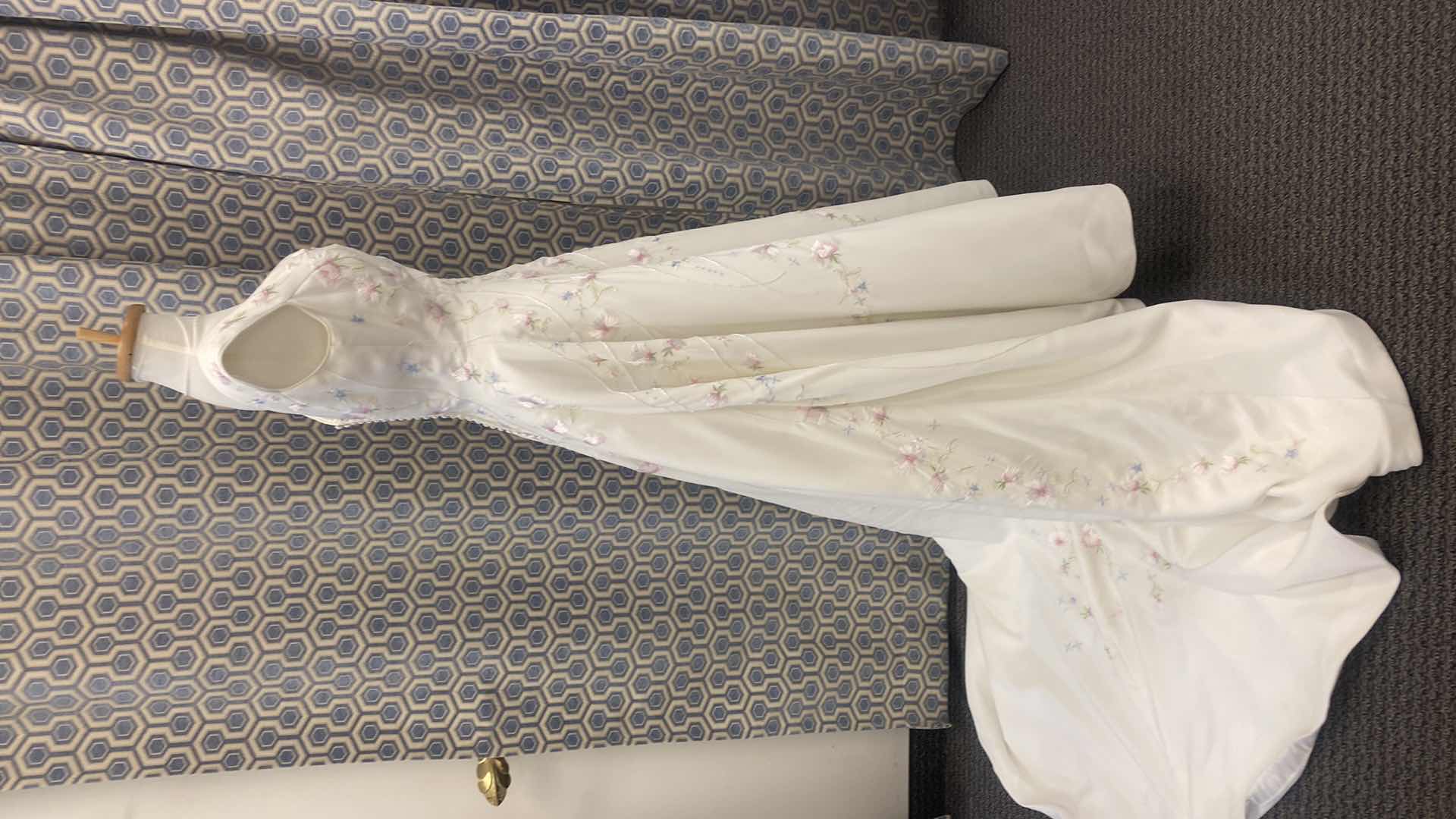 Photo 3 of BRIDAL GOWN “MONIQUE LUO” A-LINE SILHOUETTE WHITE SATIN w PINK & BLUE FLRALS WITH RHINESTONE SIZE 10