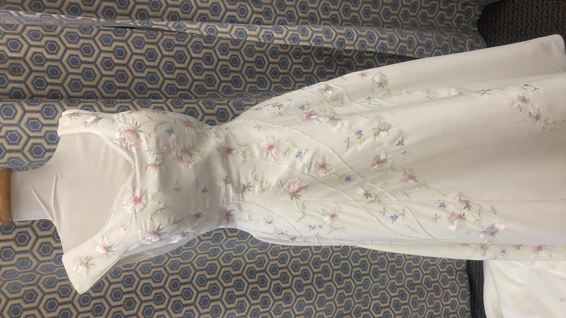 Photo 1 of BRIDAL GOWN “MONIQUE LUO” A-LINE SILHOUETTE WHITE SATIN w PINK & BLUE FLRALS WITH RHINESTONE SIZE 10