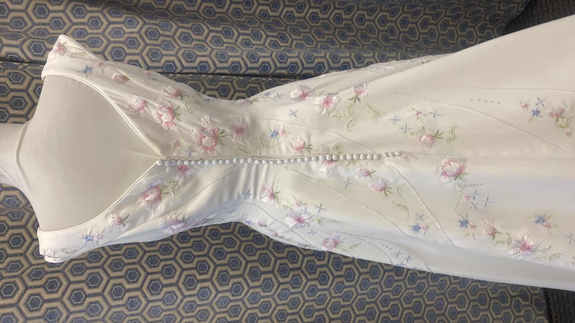 Photo 5 of BRIDAL GOWN “MONIQUE LUO” A-LINE SILHOUETTE WHITE SATIN w PINK & BLUE FLRALS WITH RHINESTONE SIZE 10