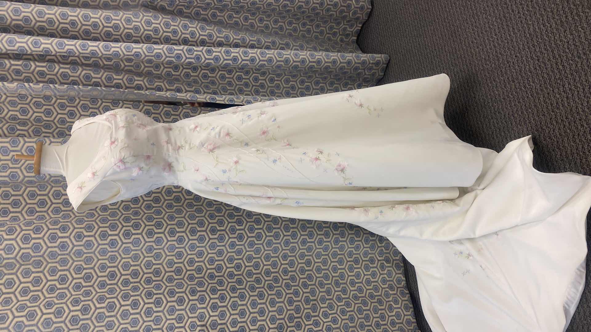 Photo 1 of BRIDAL GOWN “MONIQUE LUO” A-LINE SILHOUETTE WHITE SATIN w PINK & BLUE FLRALS WITH RHINESTONE SIZE 10