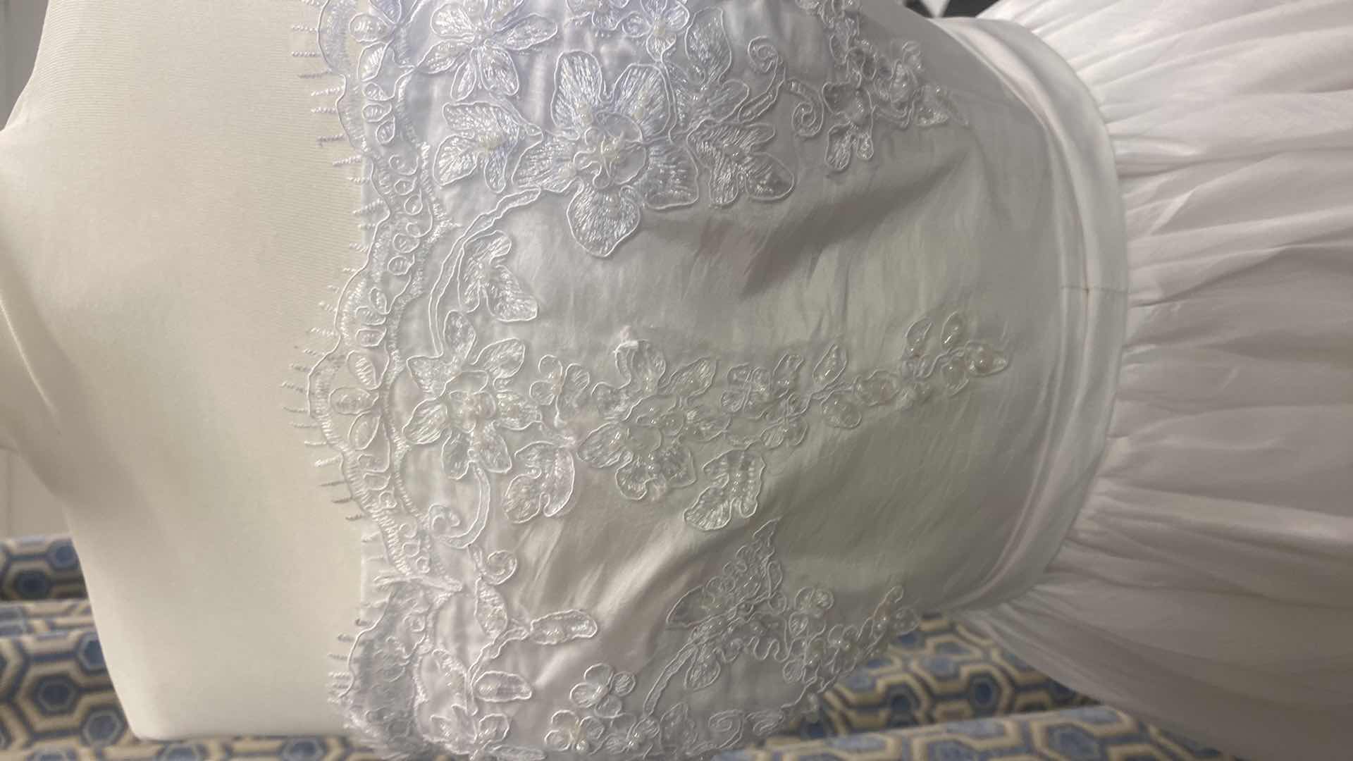 View 4 of BRIDAL HIGH LOW DRESS “JJ’s HOUSE” WHITE SATIN CORSET BACK  w LACE & PEARL BEADS SIZE 10