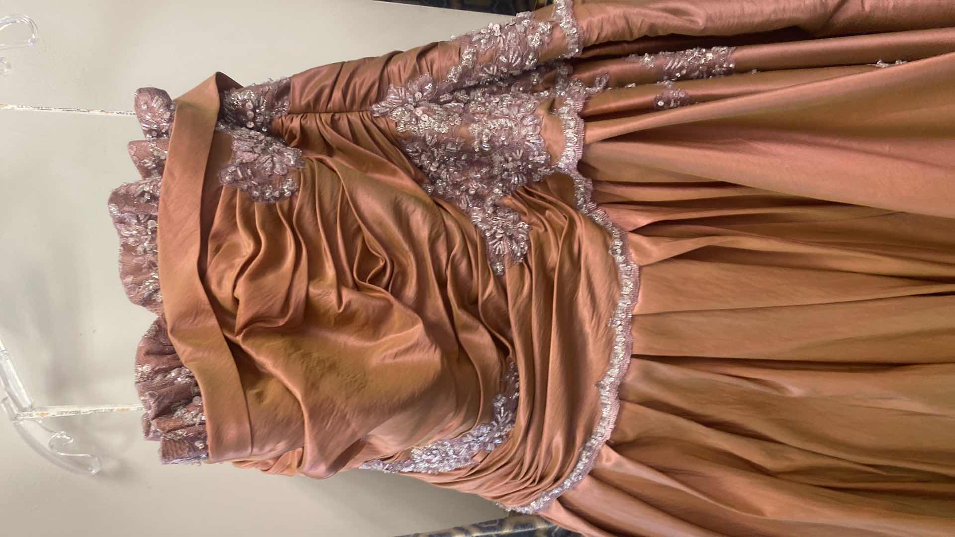 Photo 1 of  BRIDAL GOWN  “MAGGIE SOTTERO COUTURE” DUSTY ROSE  SATIN STRAPLESS CORSET BACK w FLORAL BEADWORK SIZE 26