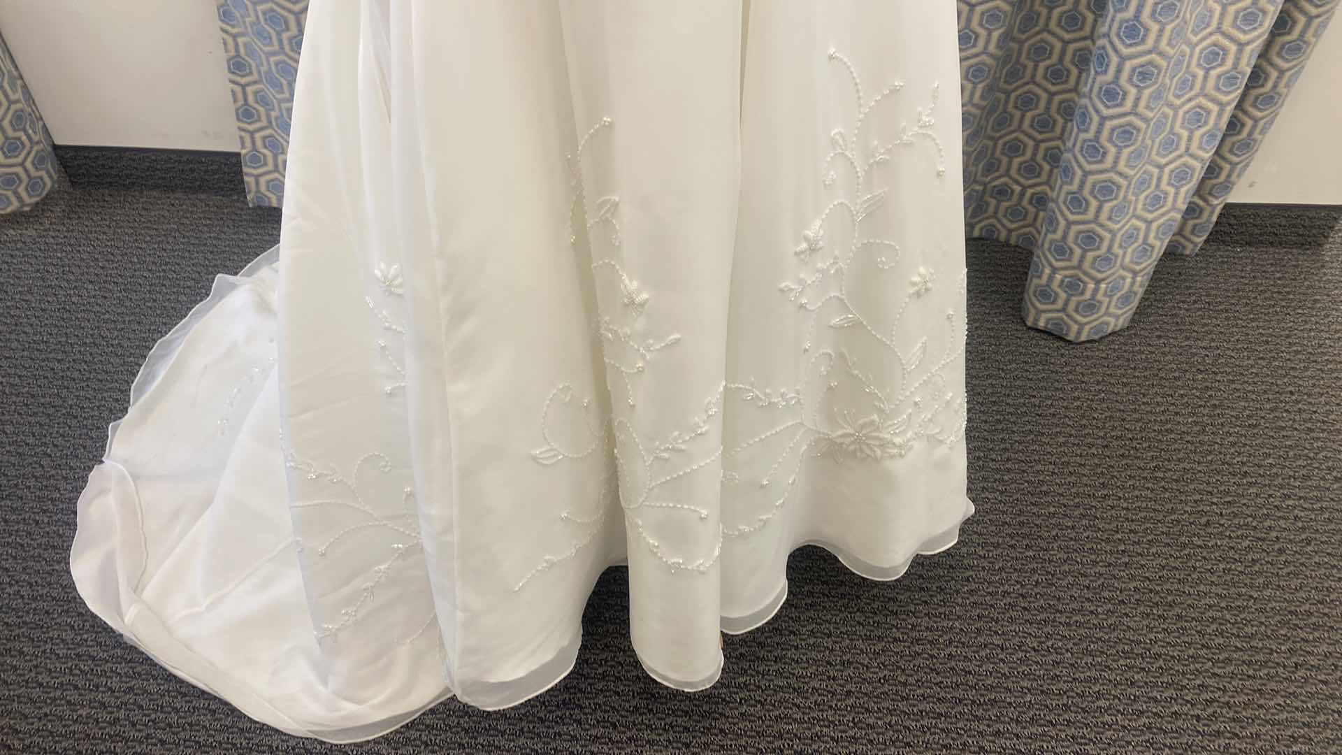 Photo 3 of BRIDAL GOWN “KATHRYN LA’CROX” IVORY SATIN w BEADED NECKLINE & BOTTOM OF DRESS DETAIL SIZE 6