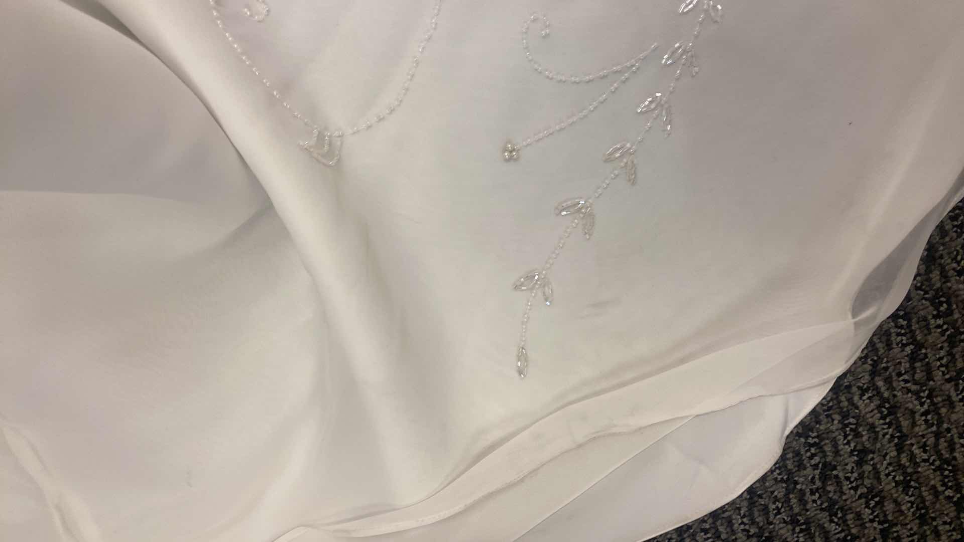 Photo 9 of BRIDAL GOWN “KATHRYN LA’CROX” IVORY SATIN w BEADED NECKLINE & BOTTOM OF DRESS DETAIL SIZE 6