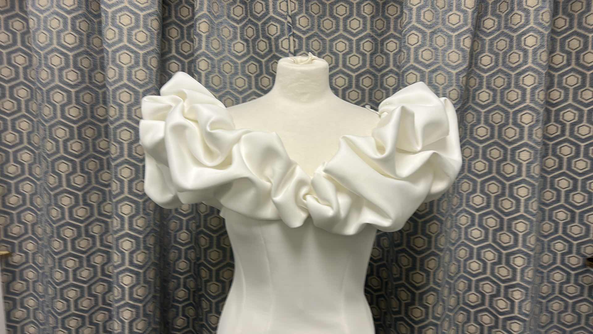 Photo 1 of BRIDAL GOWN “JOVANI” SHORT WHITE WEDDING DRESS WITH FITTED SILHOUETTE AND DRAMATIC RUFFLED SLEEVES, SIZE 10 