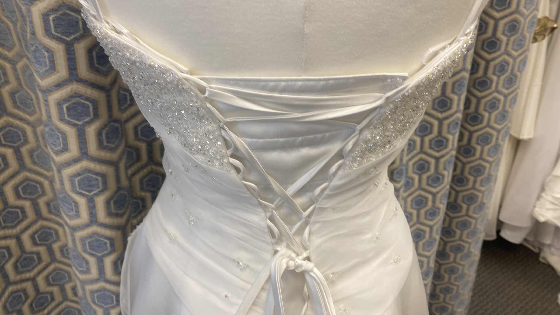 Photo 1 of BRIDAL GOWN  “MAGGIE SOTTERO COUTURE” WHITE SATIN STRAPPED CORSET BACK w RHINESTONE  SIZE 6