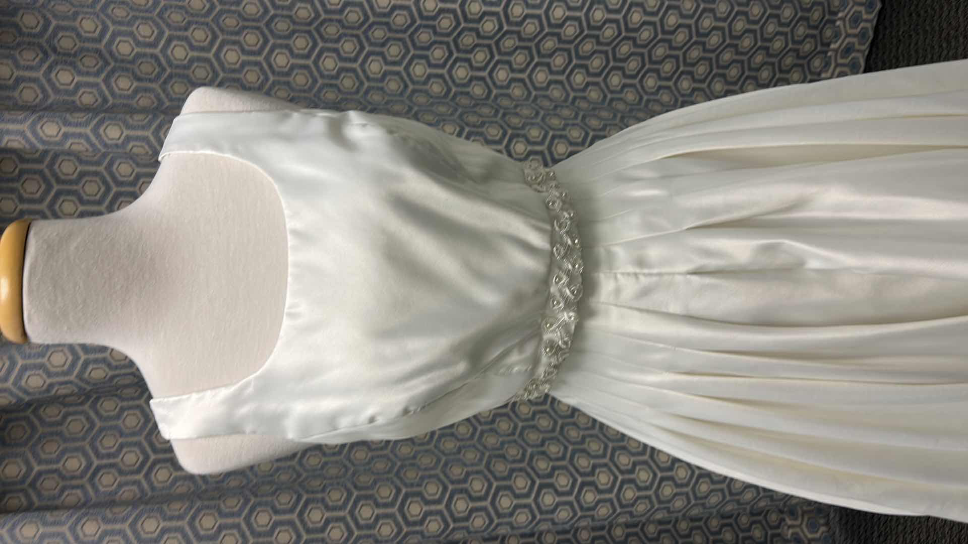 Photo 1 of BRIDAL GOWN, “A. ANGELO” , IVORY, SCOOP NECK, SHORT SLEEVES, LACE, PEARLS, AND MEDIUM TRAIN, SIZE 8. $600