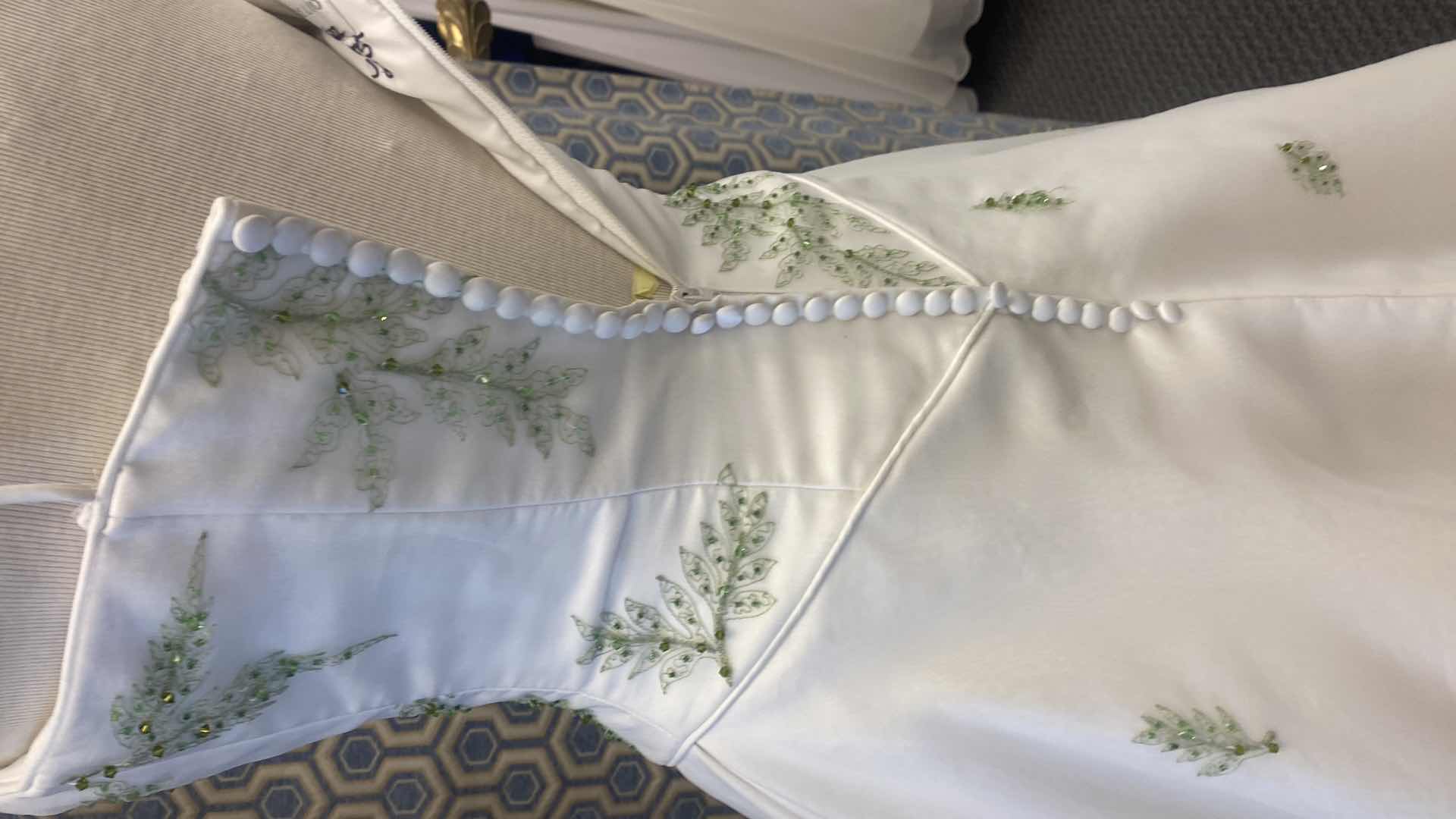 Photo 1 of BRIDAL GOWN “MONIQUE LUO” IVORY SATIN w CHIFFON & GREEN LEAF BEADS SIZE 6