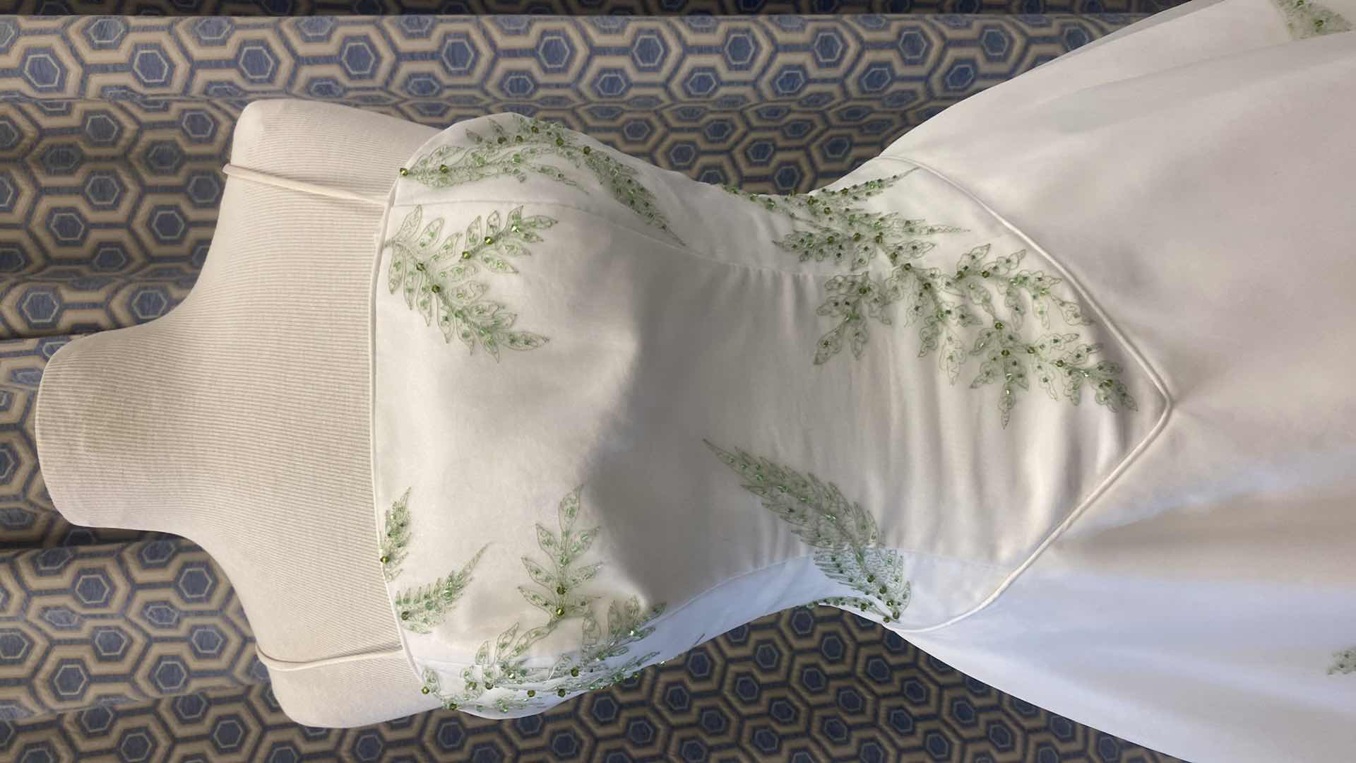 Photo 1 of BRIDAL GOWN “MONIQUE LUO” IVORY SATIN w CHIFFON & GREEN LEAF BEADS SIZE 6