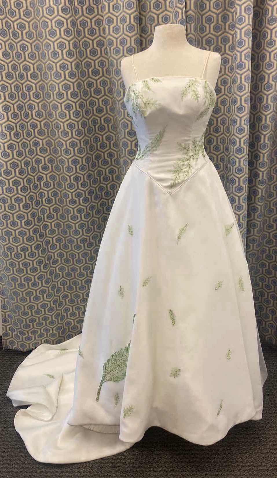 Photo 1 of BRIDAL GOWN “MONIQUE LUO” IVORY SATIN w CHIFFON & GREEN LEAF BEADS SIZE 6