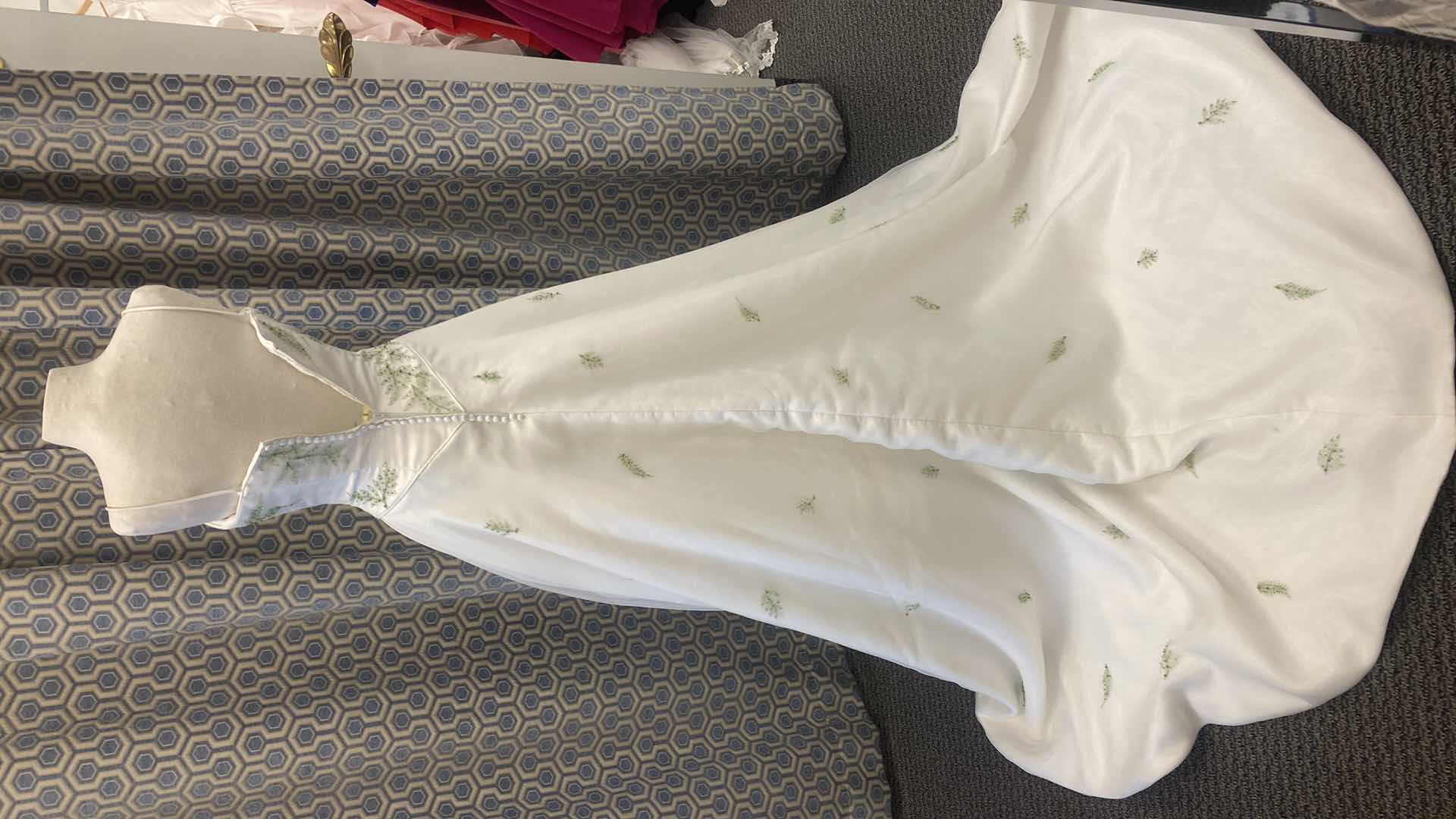 Photo 1 of BRIDAL GOWN “MONIQUE LUO” IVORY SATIN w CHIFFON & GREEN LEAF BEADS SIZE 6