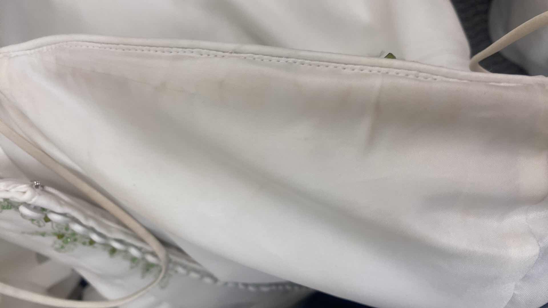 Photo 1 of BRIDAL GOWN “MONIQUE LUO” IVORY SATIN w CHIFFON & GREEN LEAF BEADS SIZE 6