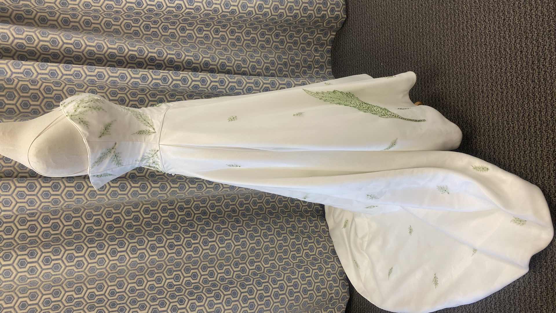 Photo 1 of BRIDAL GOWN “MONIQUE LUO” IVORY SATIN w CHIFFON & GREEN LEAF BEADS SIZE 6