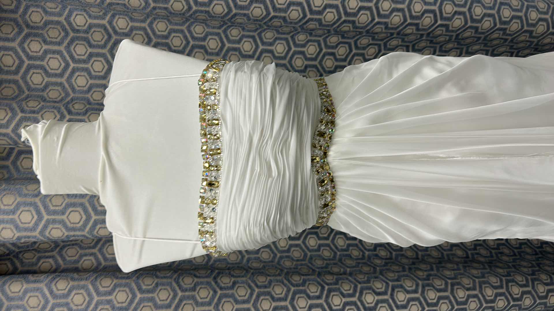 Photo 1 of BRIDAL GOWN, MNM COUTURE, STRAPLESS WHITE  WEDDING DRESS WITH RUCHED BODICE, CRYSTAL BEADING, A-LINE CHIFFON SKIRT SIZE 6 