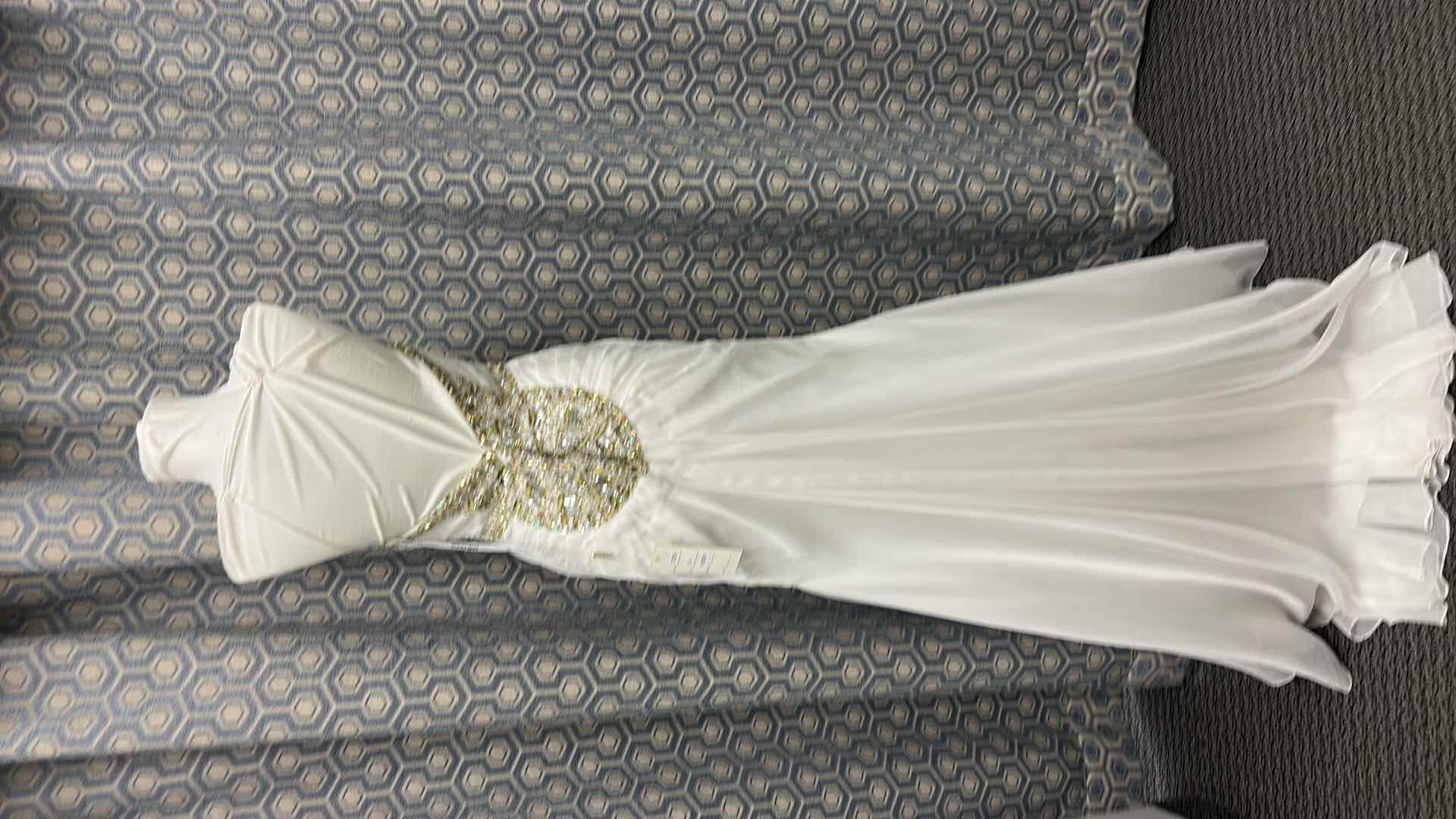 Photo 1 of BRIDAL GOWN, MNM COUTURE, STRAPLESS WHITE  WEDDING DRESS WITH RUCHED BODICE, CRYSTAL BEADING, A-LINE CHIFFON SKIRT SIZE 6 