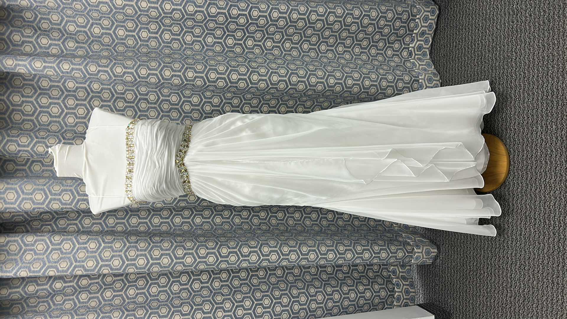 Photo 1 of BRIDAL GOWN, MNM COUTURE, STRAPLESS WHITE  WEDDING DRESS WITH RUCHED BODICE, CRYSTAL BEADING, A-LINE CHIFFON SKIRT SIZE 6 