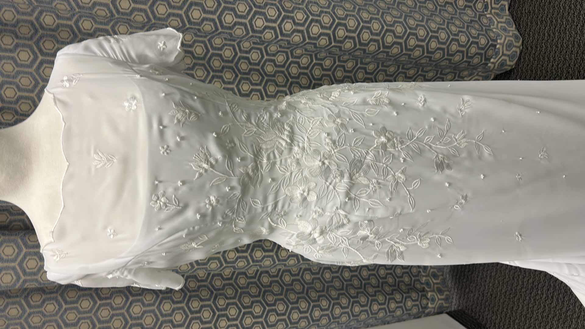 Photo 1 of BRIDAL GOWN,"MONIQUE BRIDAL", WHITE WEDDING DRESS, HIGH NECKLINE, FITTED BODICE, CHAPEL LENGTH TRAIN  SIZE 5/6