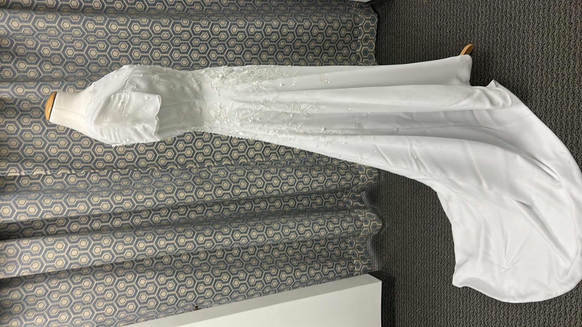 Photo 1 of BRIDAL GOWN,"MONIQUE BRIDAL", WHITE WEDDING DRESS, HIGH NECKLINE, FITTED BODICE, CHAPEL LENGTH TRAIN  SIZE 5/6